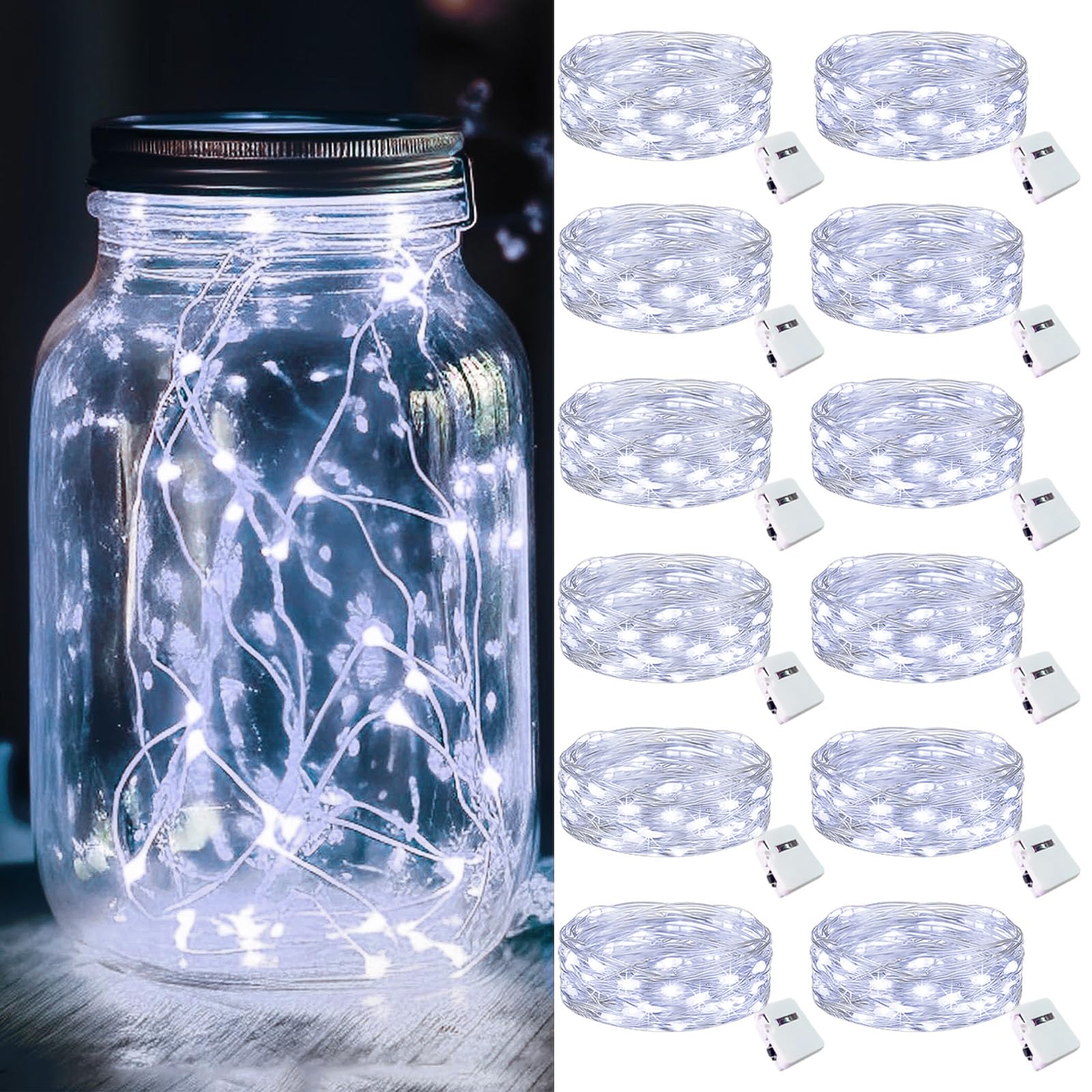 kolpop LED Fairy Lights, 20 Mini Twinkle String Lights, 7FT, Battery Operated, Waterproof, Cool White, 12 Pack