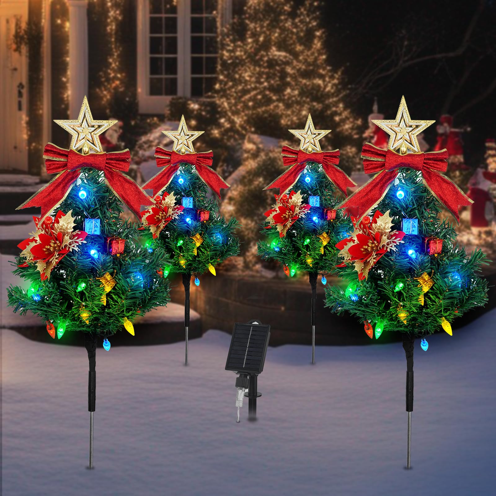 Tngan Solar Christmas Tree Pathway Lights Outdoor, Set of 4 Solar Christmas Tree, 80 Outdoor LEDs Xmas Pathway Lights, Garden De