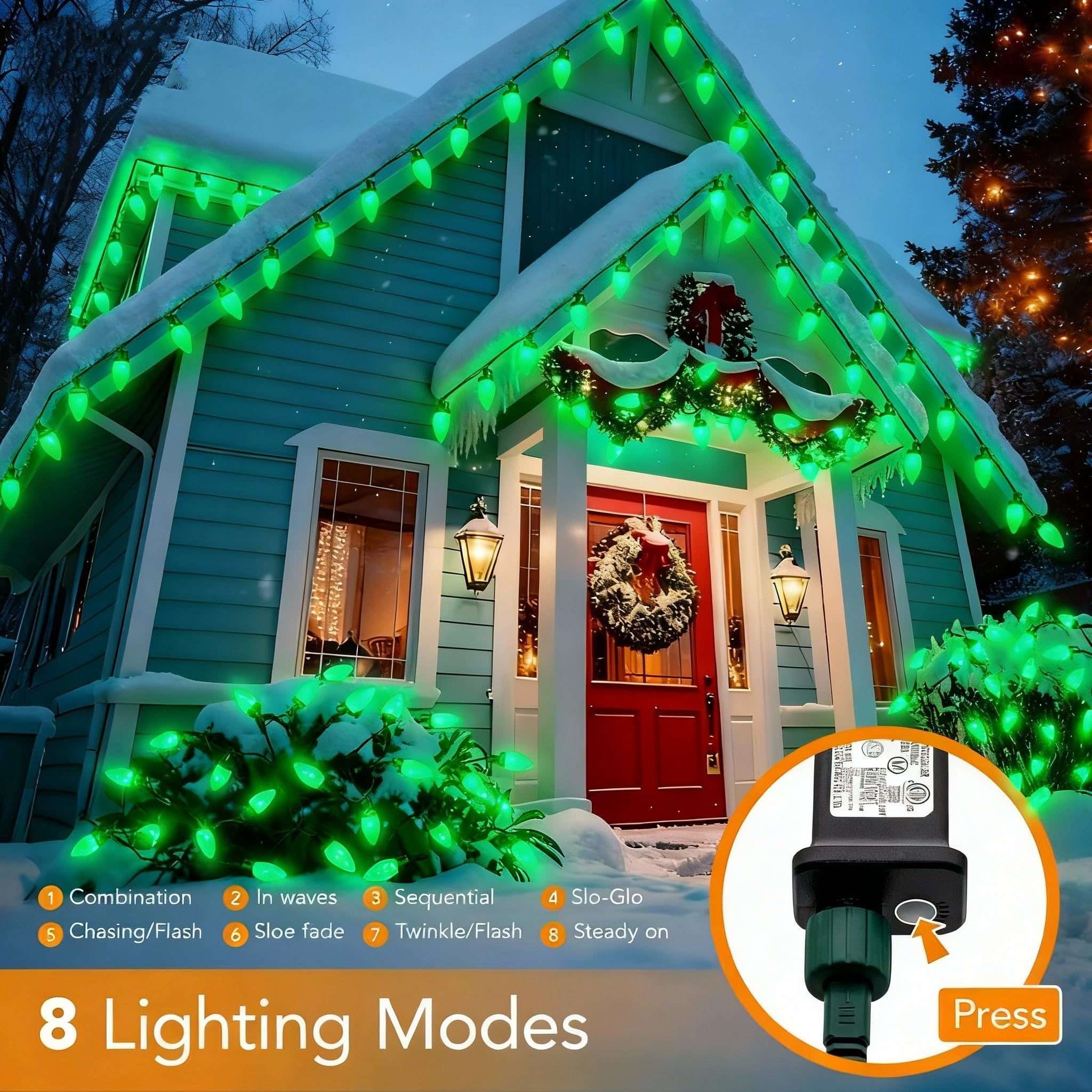 Ucutely C9 Led Christmas Lights Outdoor 33 Feet 50 Led 8 Lighting Modes Waterproof Connectable Christmas String Lights For Outside Roofline Patio Home Xmas Decorations (Green)