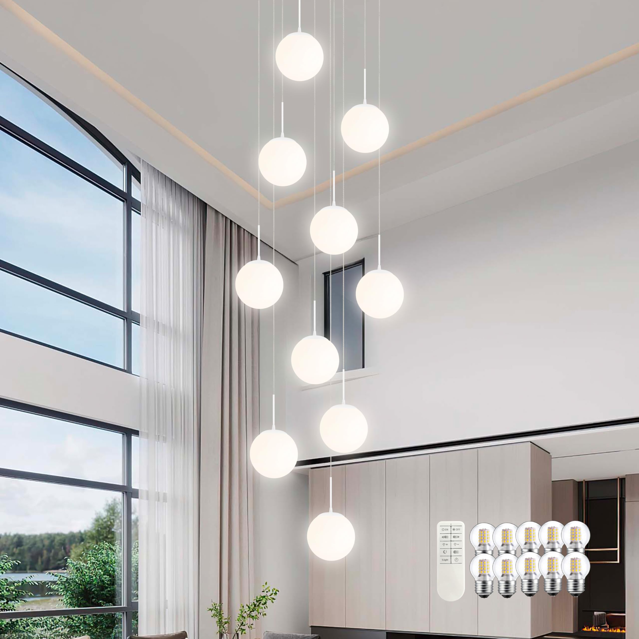 KoKo&Yukina Globe Pendant Light Adjustable Hanging Light Staircase Chandelier Milk Glass Pendant Lights with Milky White Glass S