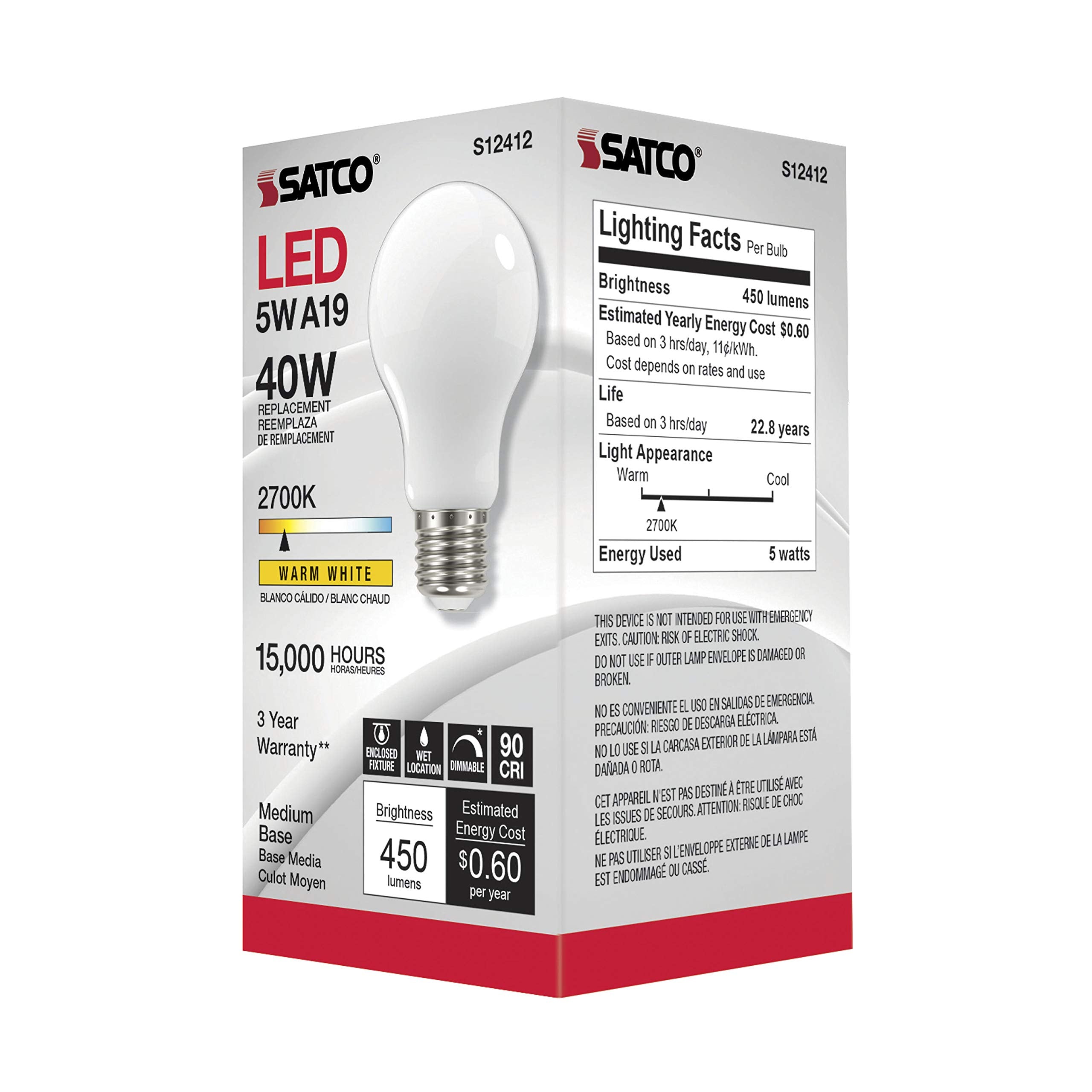Satco S12412 Bulb, Warm (2700K) -5 Watt