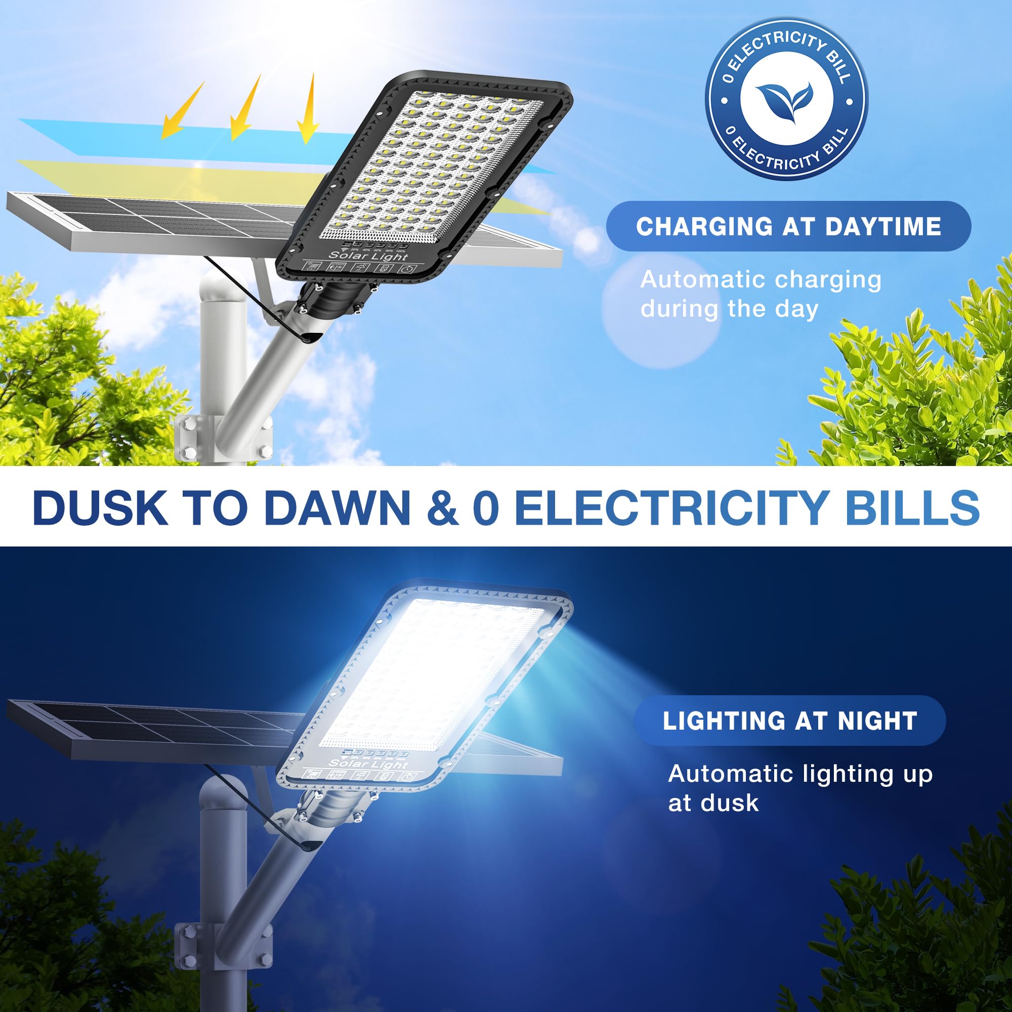 OKPRO Solar Street Light 12000W - 6500K Waterproof Dusk to Dawn, Remote Control, Black, Model S-2000A