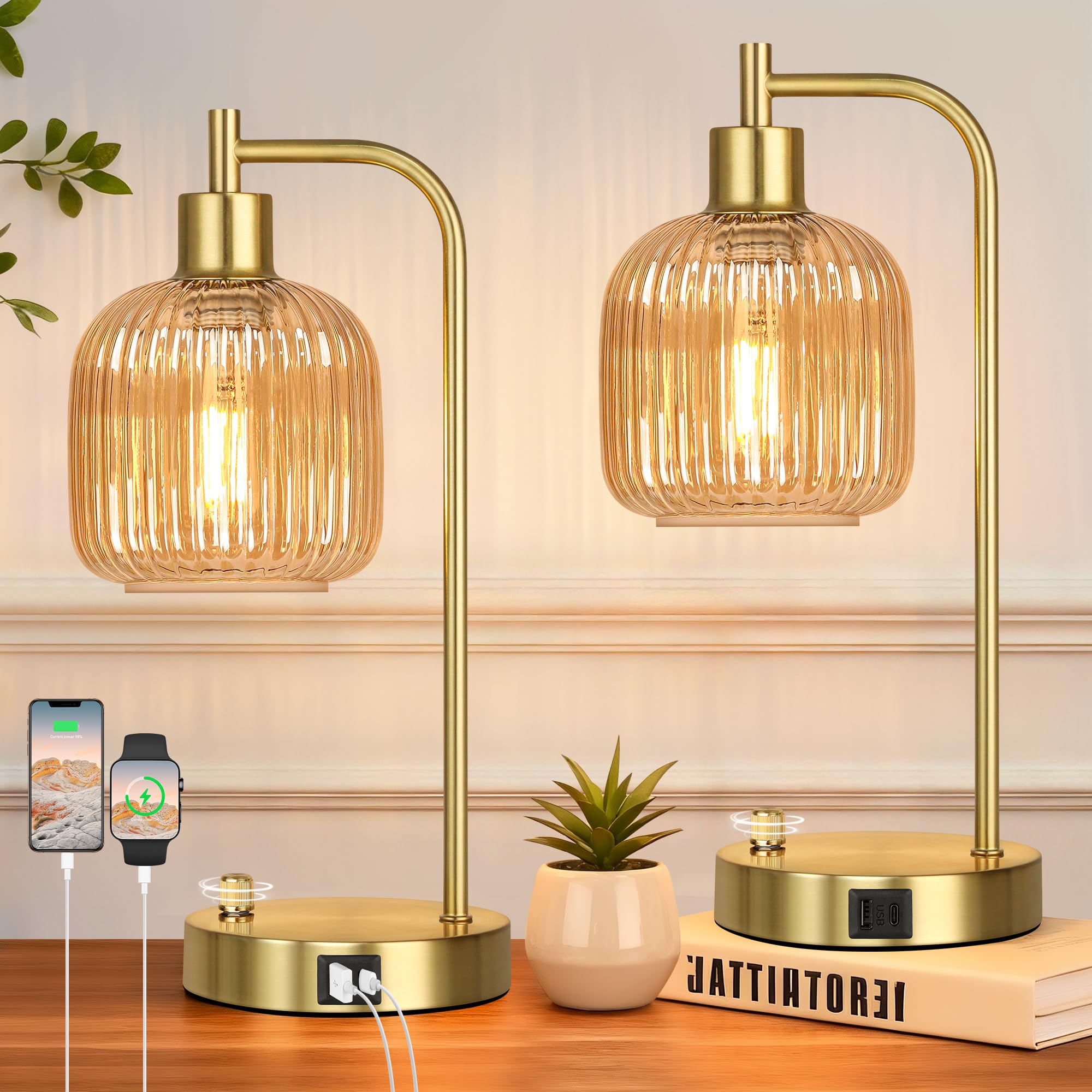 QiMH Industrial Table Lamp for Bedroom Set of 2  Sparkling Beverage Glass Beside Lamp with USB A&C Ports  Stepless Dimmable Gold Lamps  Nightstand Lamps for Living Room  Office  Home Decor(Bulb Included)