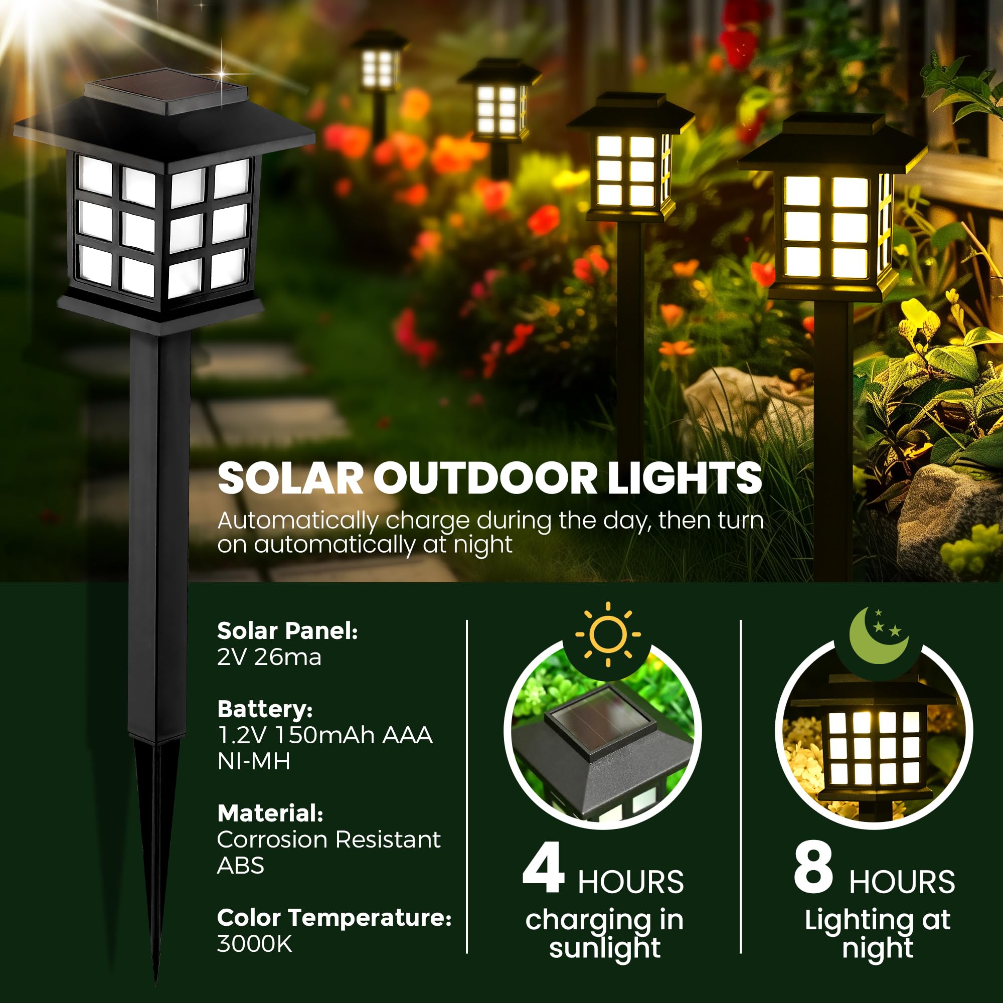 Gigalumi Solar Outdoor Lights - 8 Pack Led Waterproof Garden Path Lights, Black, 10 Hours Of Lighting, Model 8-Fxd