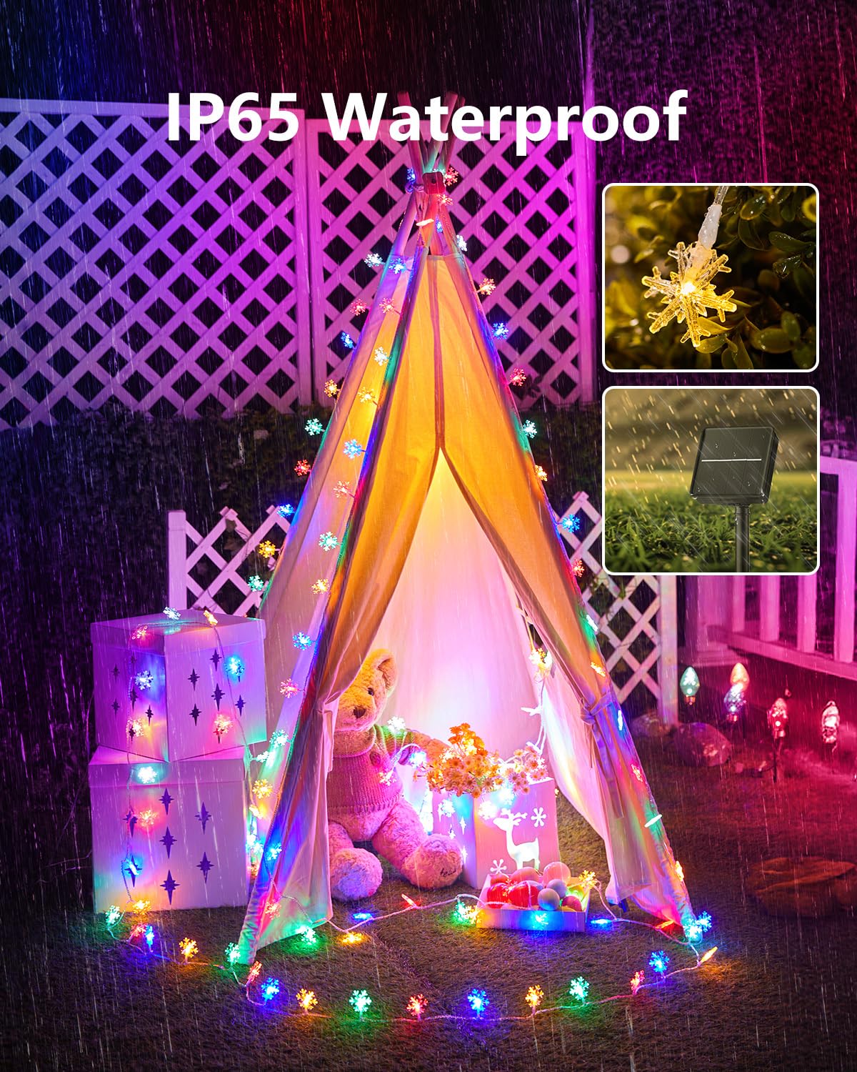Brightown Solar Snowflake String Lights, 200 LED, 72FT, Multicolor, Waterproof, 8 Lighting Modes for Outdoor and Indoor Use