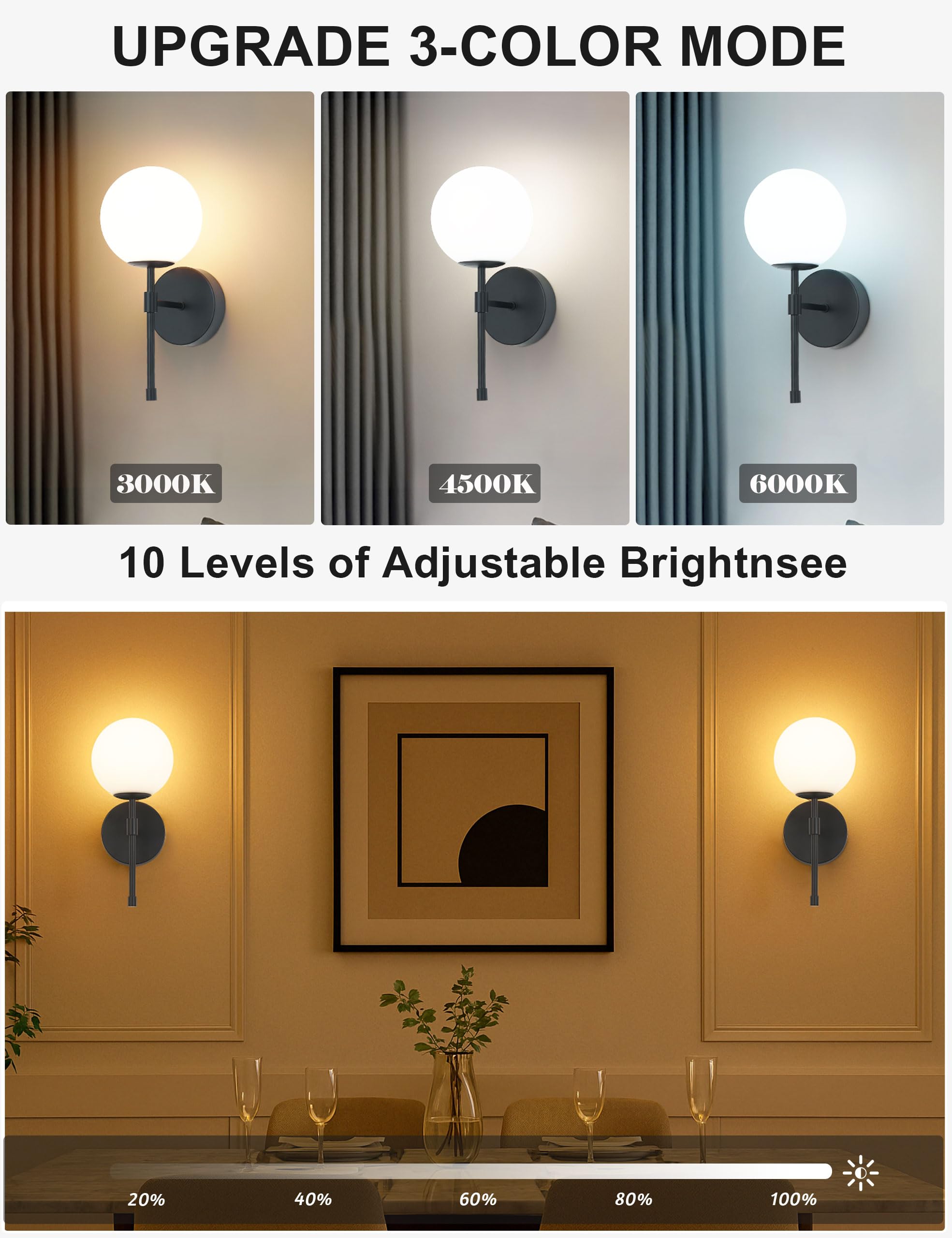 MSTETO Battery Operated Globe Wall Sconces Set of 2, Black Acrylic, Rechargeable with Remote Control, Modern Dimming Lamp for Home Decor