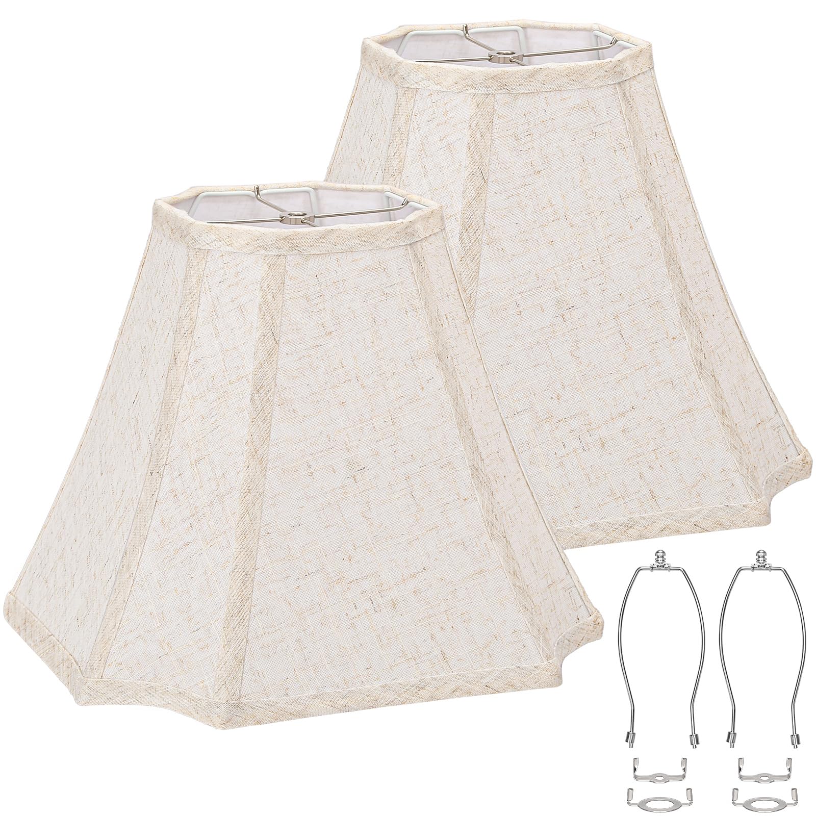 Square Cut Corner Bell Lamp Shades Set of 2  6.5 x 13x 10.5 Medium Beige Lampshades Natural Linen Hand Crafted  Include 2 Pack Lamp Harps  Suitable for E26 and Saddle Base  Easy Assembly Required