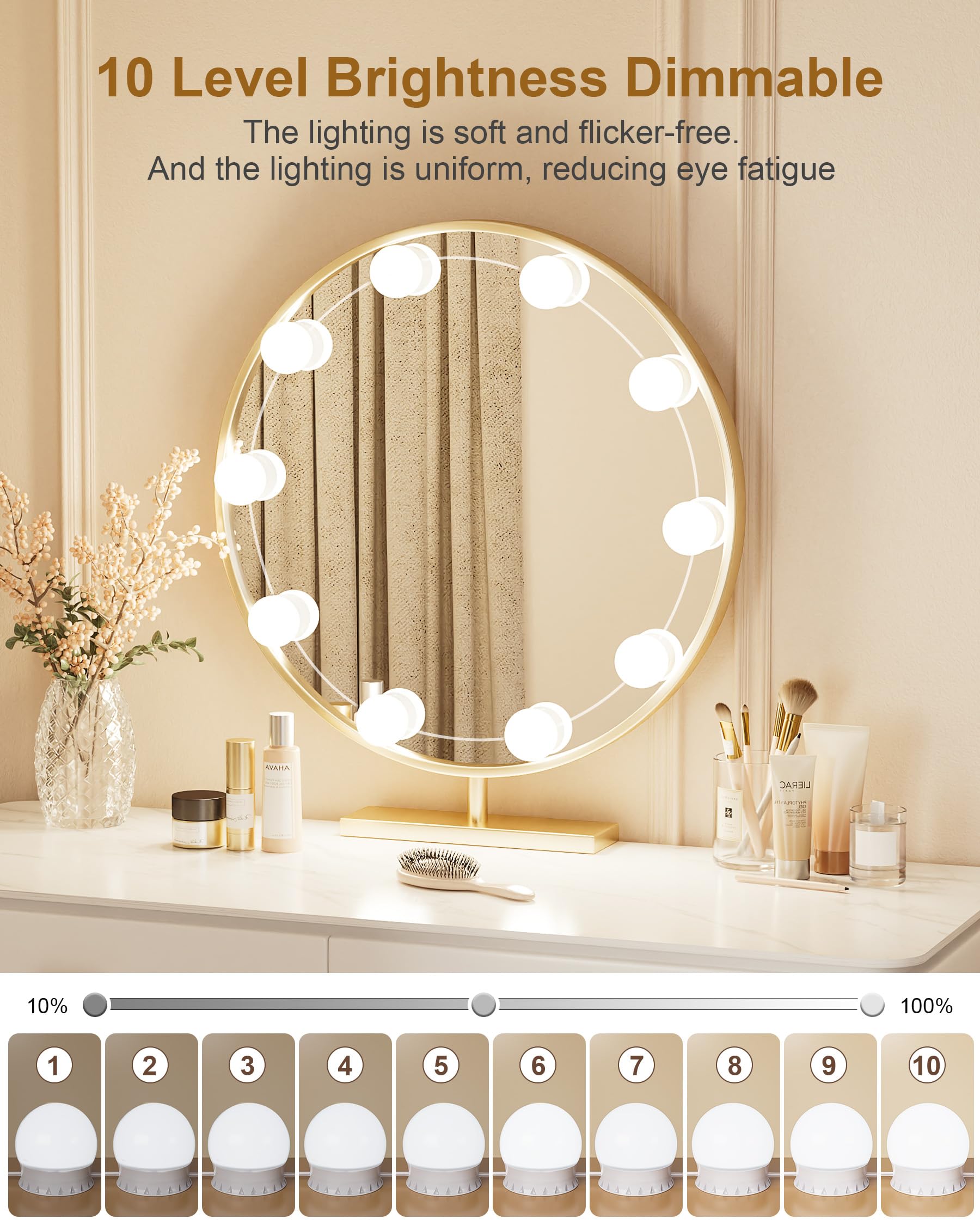 Yarnock 10 Bulbs LED Vanity Lights for Mirror, 3-Color & 10-Brightness, Wire Length Adjustable, USB Cable, Hollywood Mirror Ligh