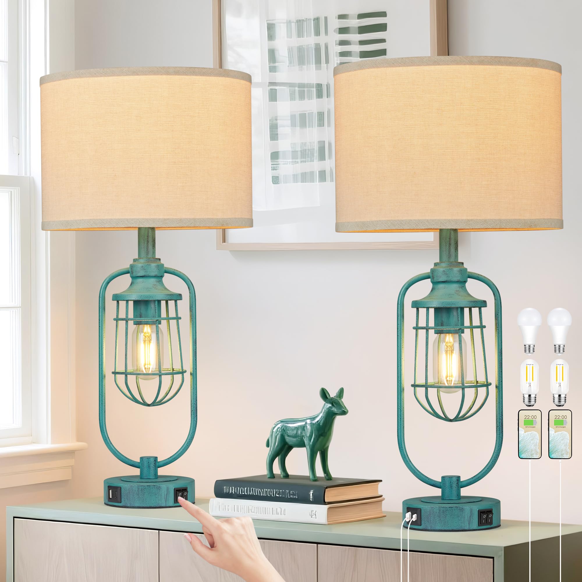 SRJJRS Table Lamps for Living Room End Table Set of 2, Farmhouse Lamps for Night Stands, Industrial Bedside Lamps for Bedroom wi