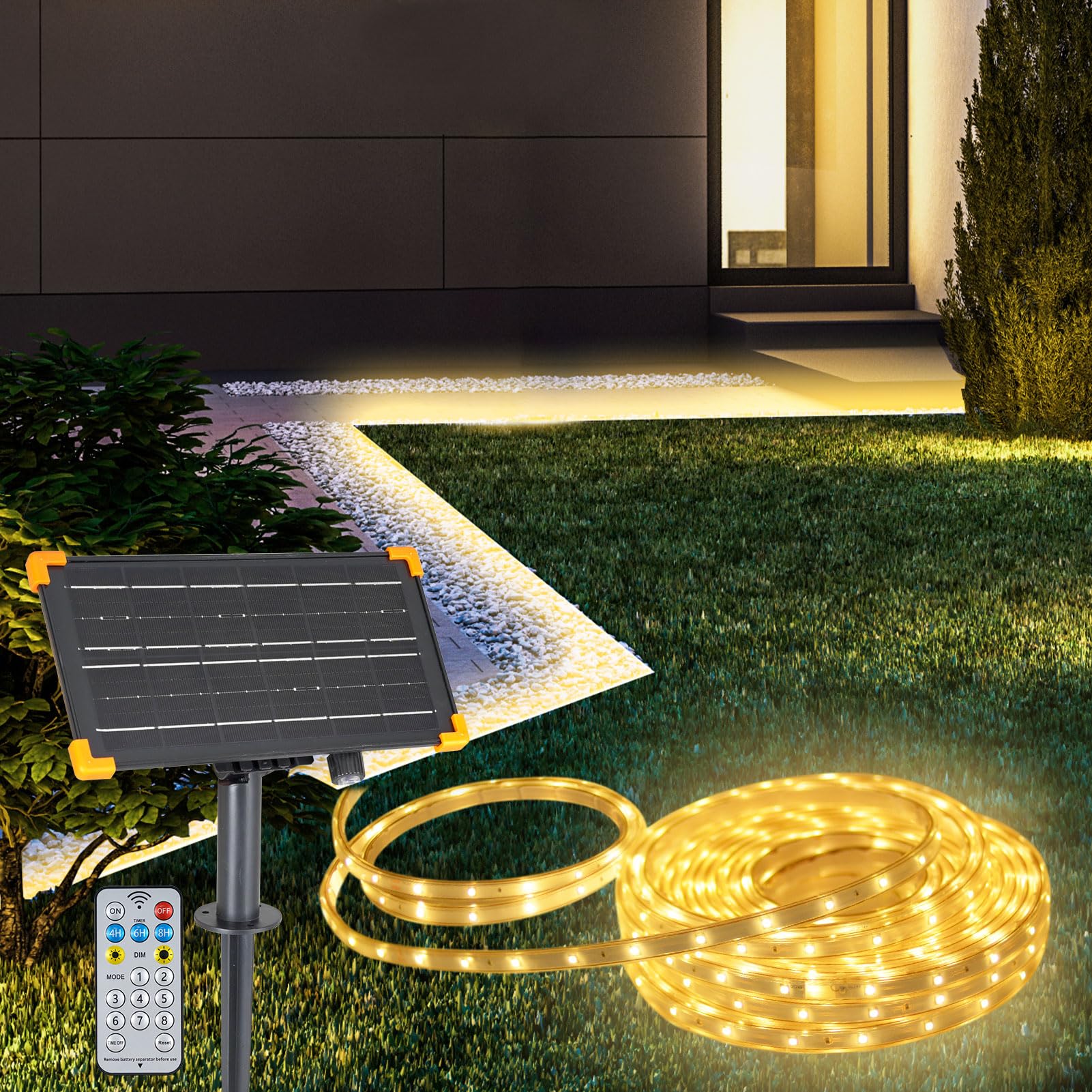 DBFAIRY Solar LED Strip Lights 50Ft Warm White Outdoor, Auto On/Off, Remote Timer, 8 Lighting Modes, Model S06-DB-S-15M-300L-W