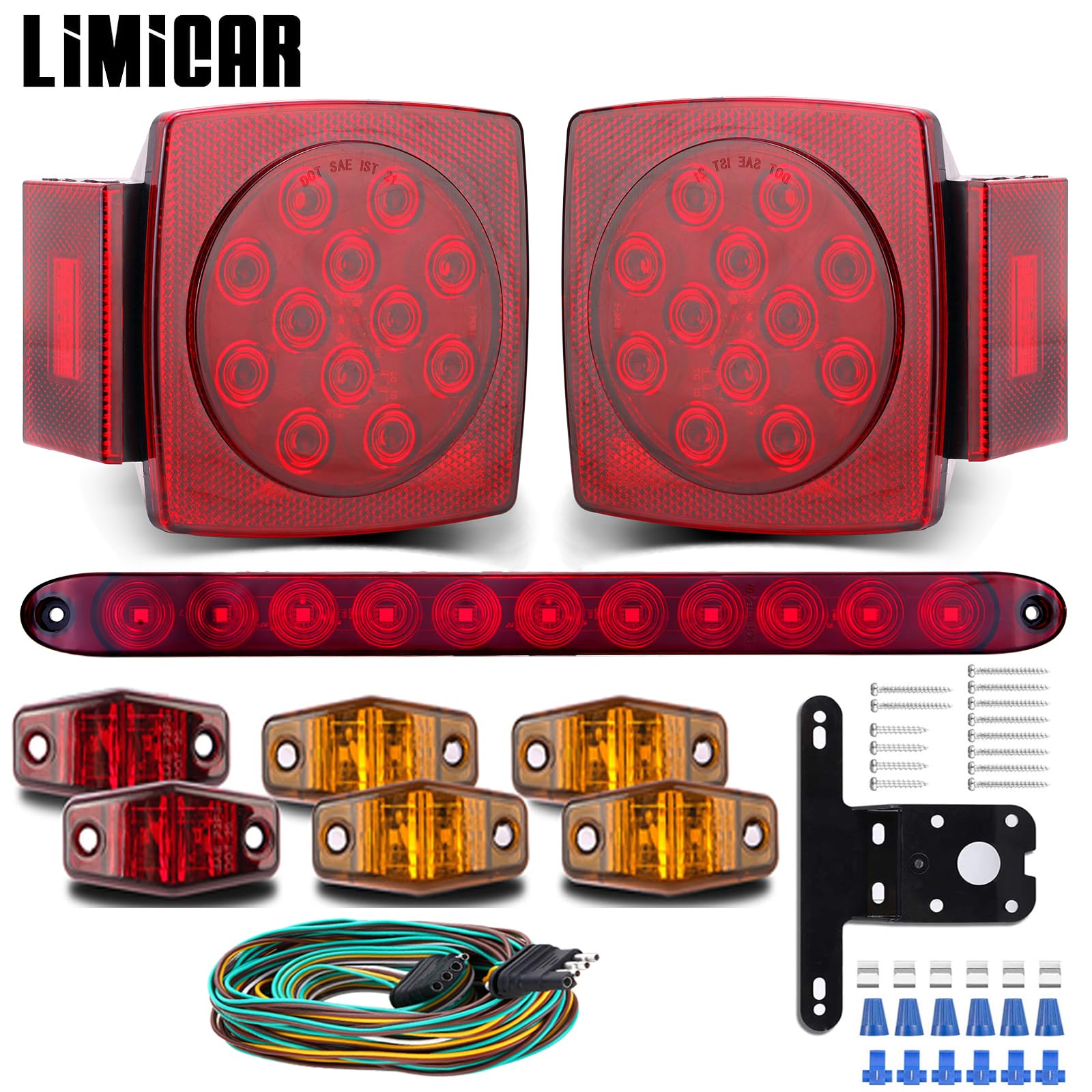 Limicar Trailer Lights, Stop Turn Tail Truck Trailer Light Kit & Trailer Wiring Harness Kit, Red Amber Trailer Marker Lights, 3Rd Brake Id Light Bar, Taillights For Vehicles Camper Snowmobile Rv