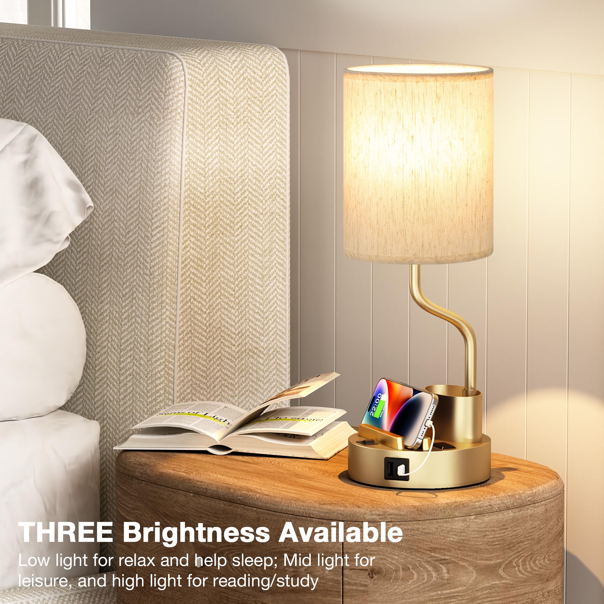 Fenmzee Gold Bedside Table Lamps Set of 2 - Nightstand Light with USB & AC Outlet, 3 Color Temperatures, Cream & Gold