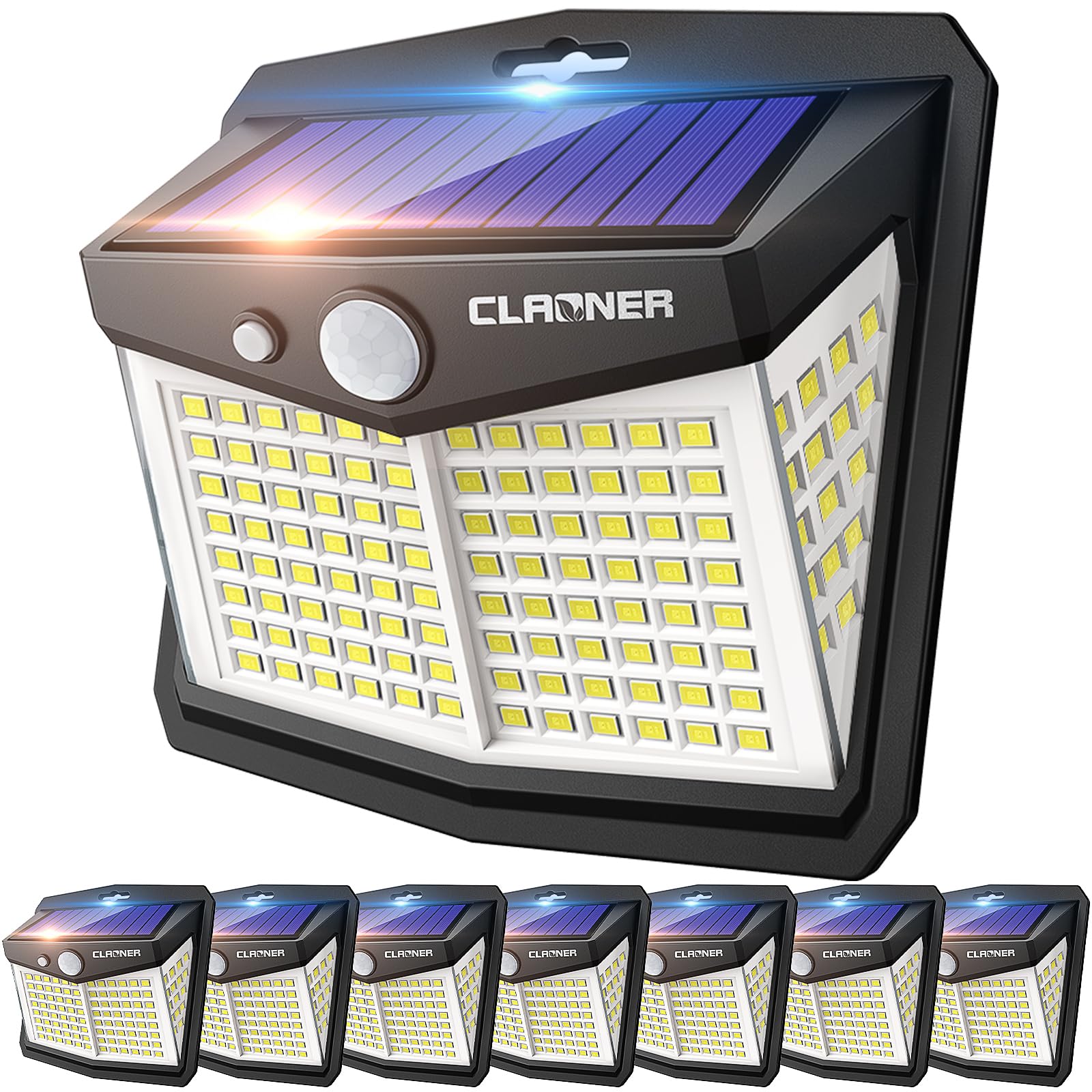 CLAONER Solar Motion Lights, 128 LED, 3 Working Modes, IP65 Waterproof, Cold White, Model SL014AB, Outdoor Wall Lights, 270° Wide Angle