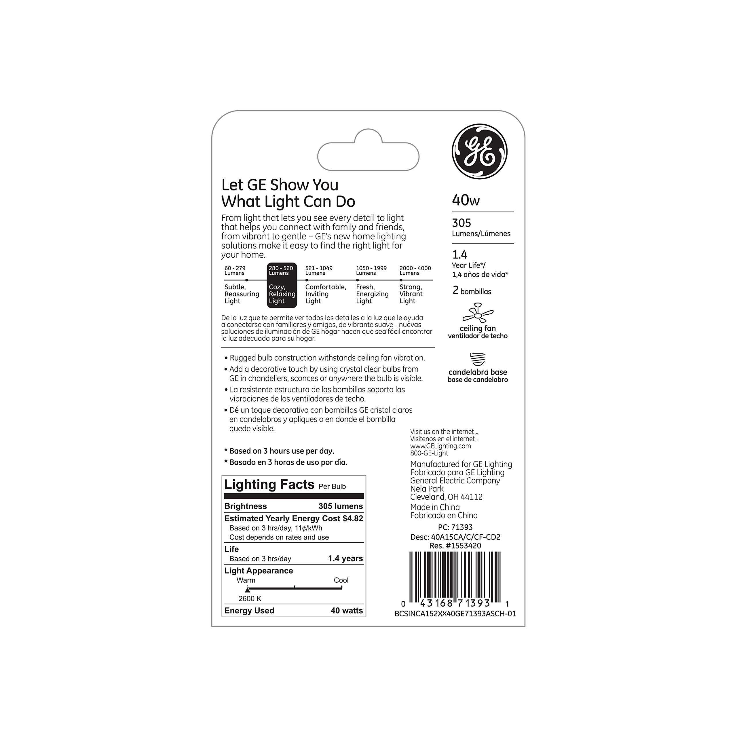 Ge Lighting Decorative A15 Incandescent Ceiling Fan Light Bulb, 40-Watts, Crystal Clear, 2-Pack