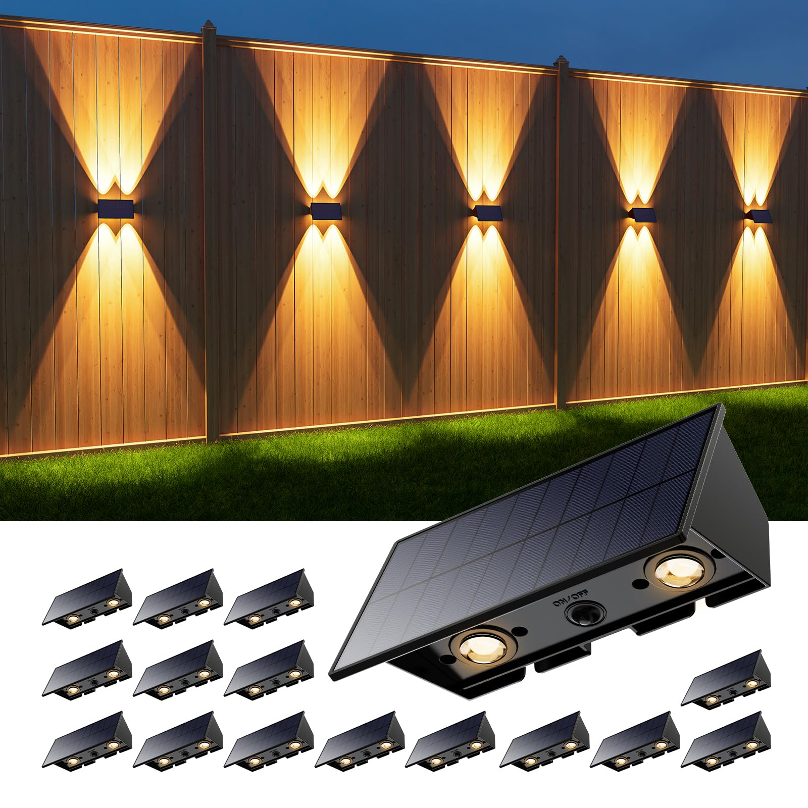 16 Pack Solar Up and Down Fence Lights Outdoor Decorative Wall Mount LED Waterproof Yard Lamps for Outside Deck, Patio, Porch, H