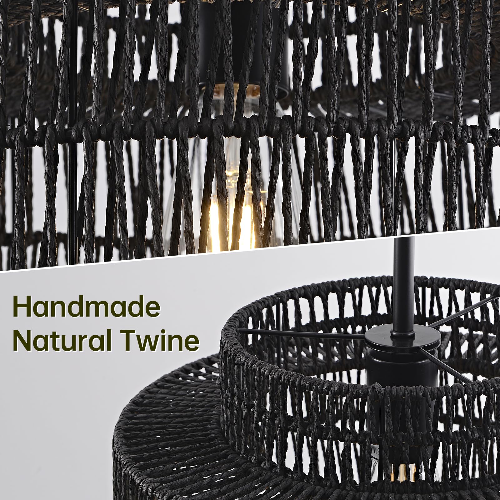 Intermaka 12.4    Black Boho Rattan Chandelier Light Fixture, 1-Light Hand Woven Pendant Light Fixture Farmhouse Rustic Hanging