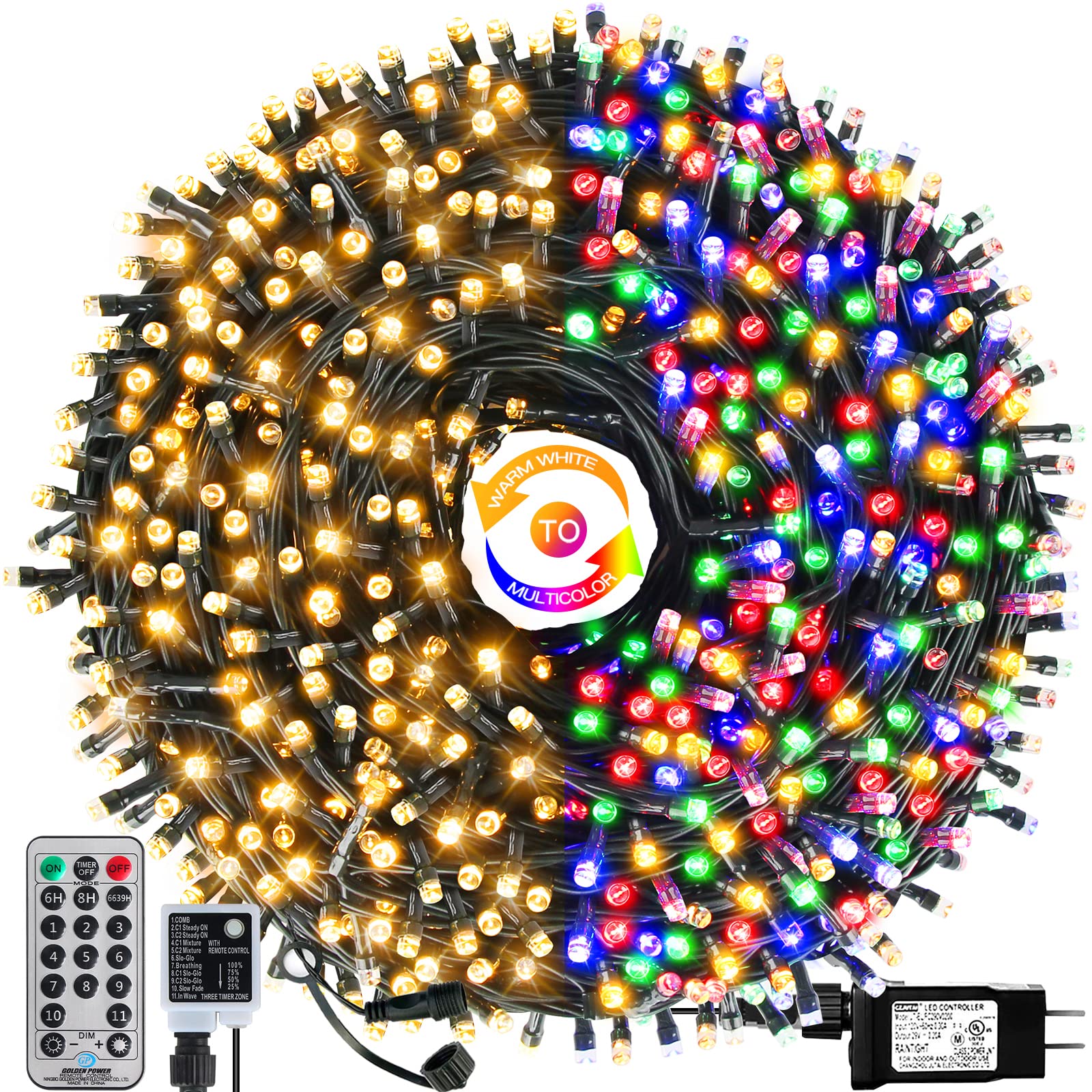 OUTYLTS Christmas String Lights Outdoor Indoor, 110ft 300LED Extend 9 Modes Color Changing Tree Lights Warm White Multi Color Christmas Lights, Waterproof Tree Lights Timer Remote