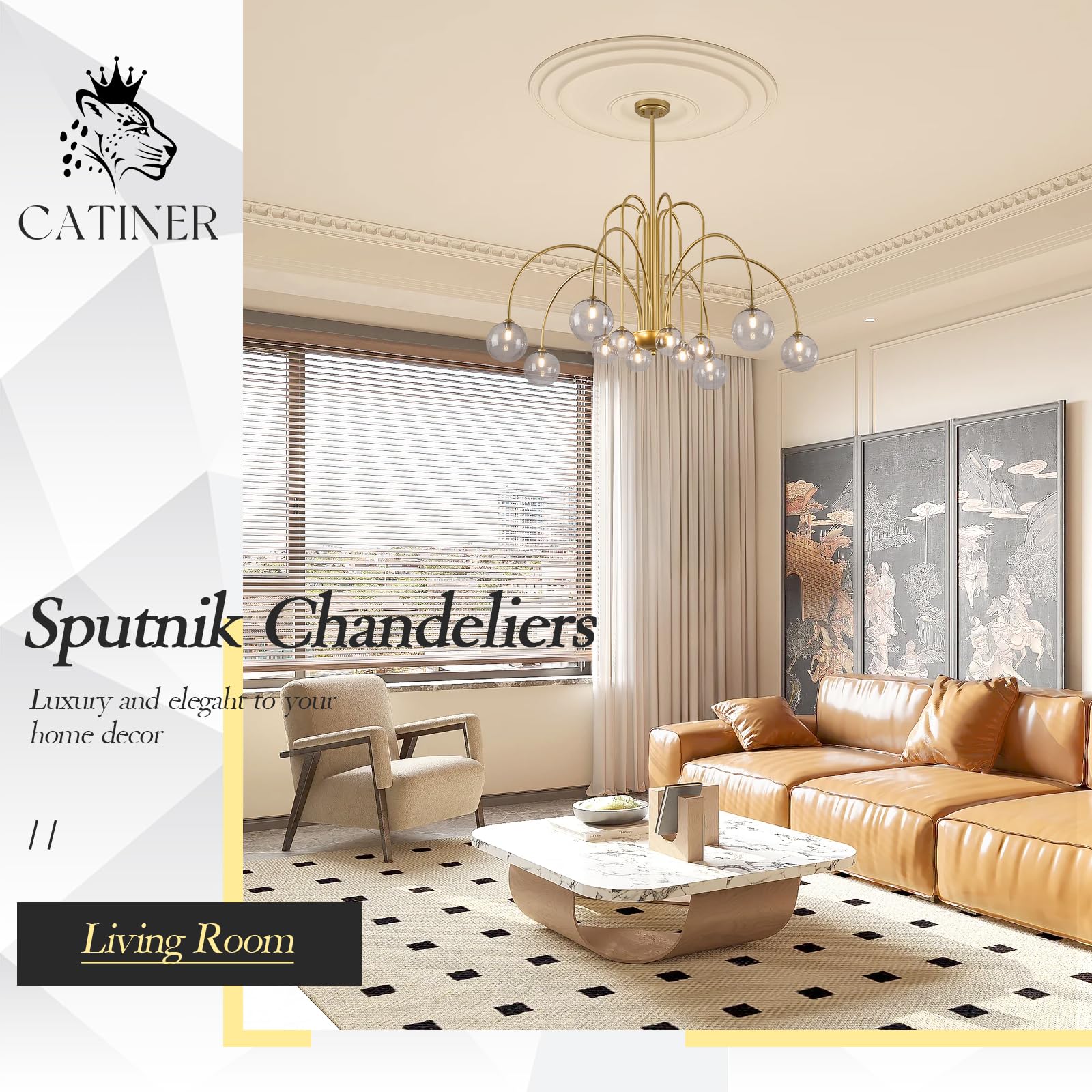 CATINER Gold Sputnik Chandelier, 12 Lights, Smoke Glass Shades, Large 52”, Model P93-12GB1, Modern Ceiling Pendant for High Ceilings