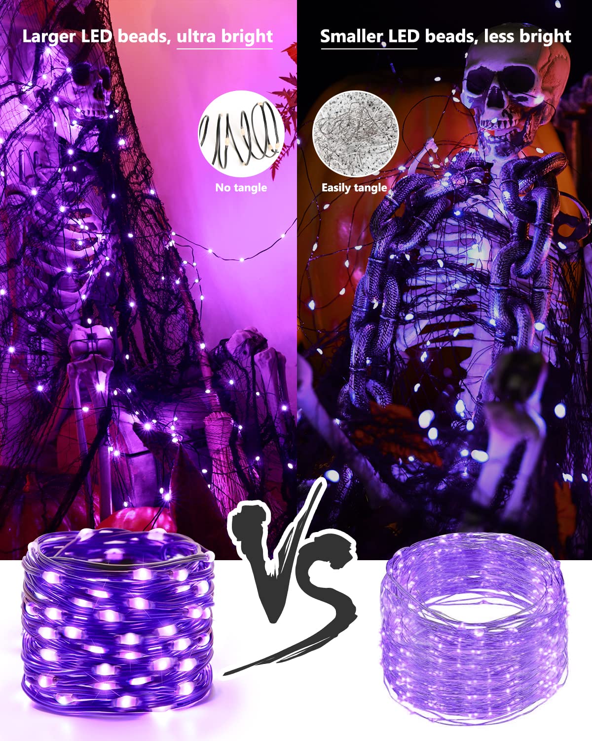Brizled Purple Halloween Lights, 2 Pack 17.38Ft 50 Led Battery Powered Halloween String Lights With Timer, 8 Modes Halloween Fai