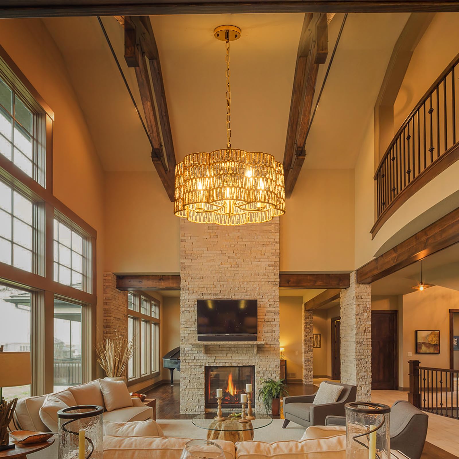 Tbaoinla 5-Light 19.6'' Convertible Rattan Chandelier - Flush Mount/Pendant Farmhouse Ceiling Light For Dining Room, Adjustable