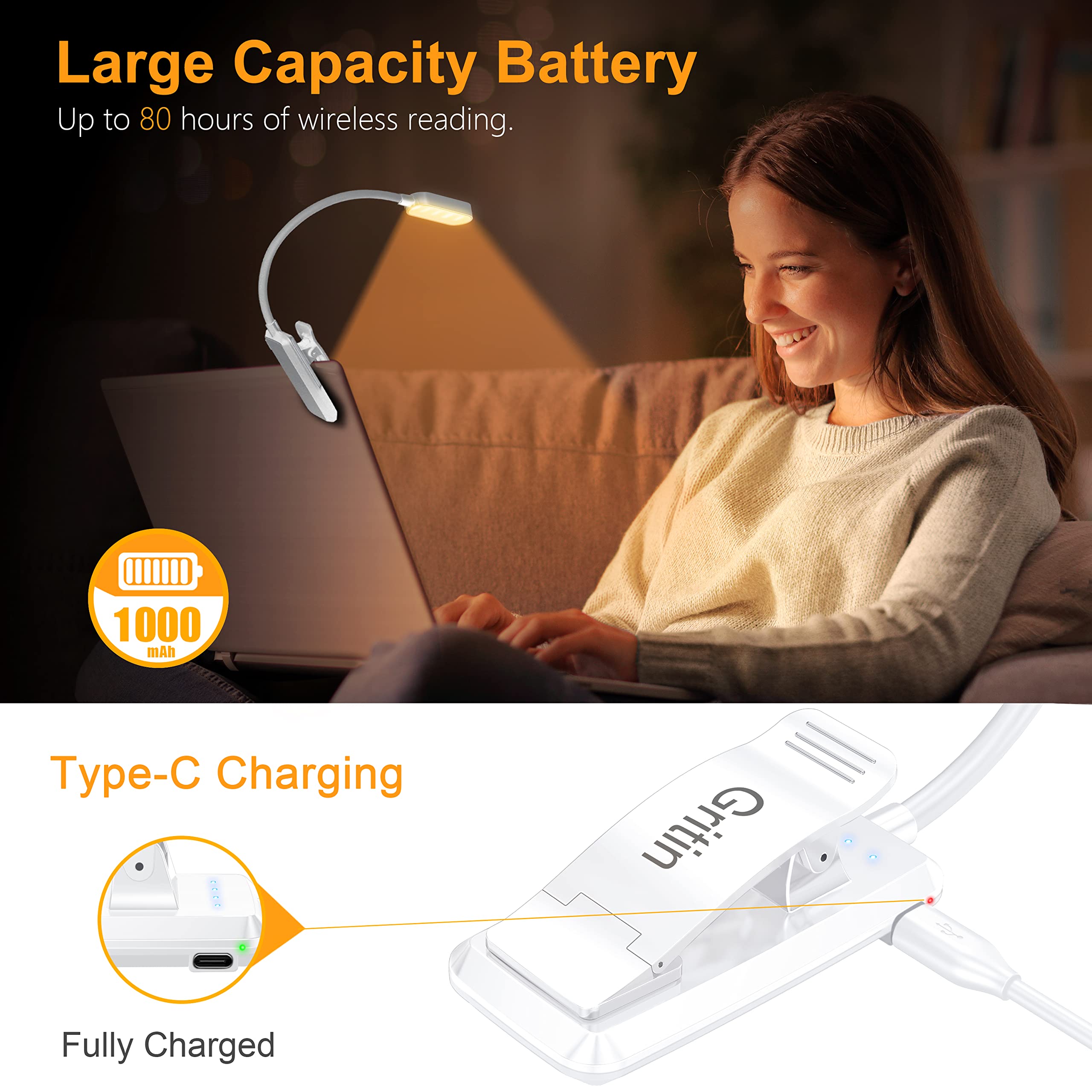 Gritin 16 Led Rechargeable Book Light - 3 Color Temperatures, Stepless Dimming, Lightweight, White