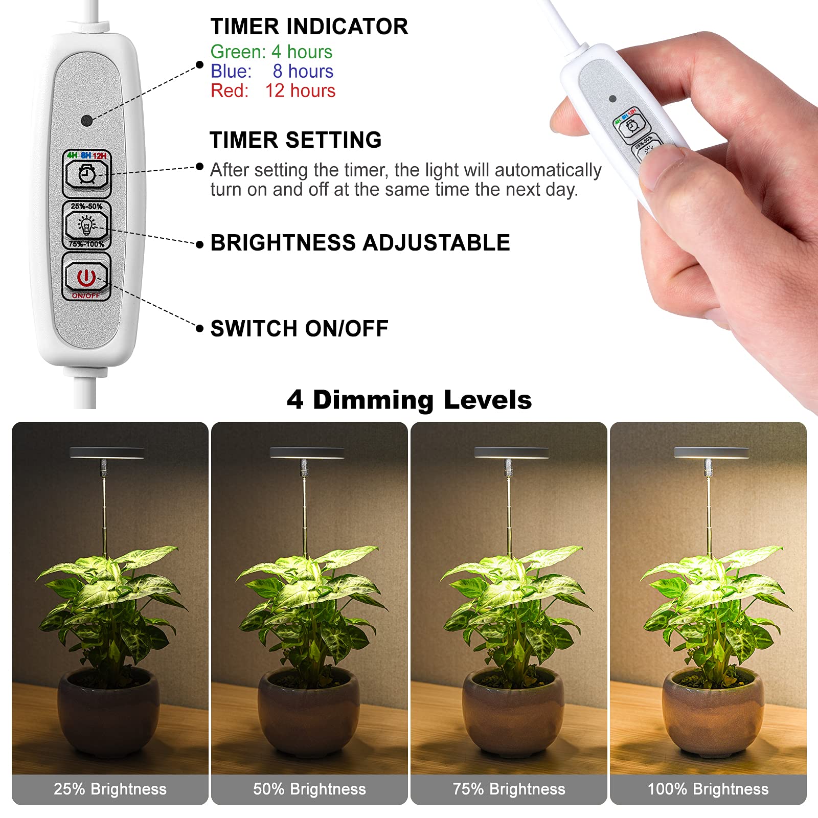 Lordem Grow Light, Full Spectrum Led Plant Light For Indoor Plants, Height Adjustable Growing Lamp With Auto On/Off Timer 4/8/12H, 4 Dimmable Brightness, Ideal For Small Plants, 3 Packs