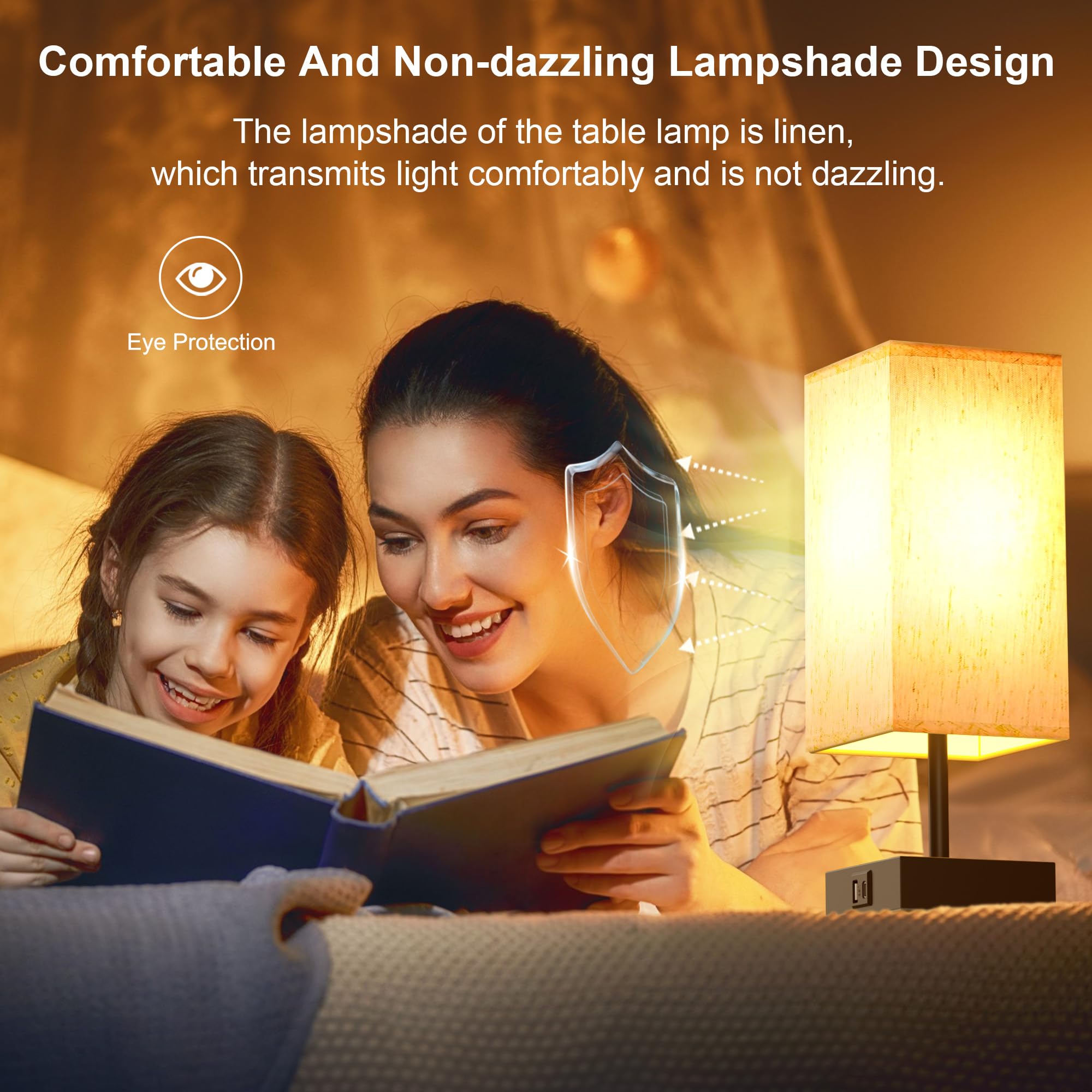 Hansang Bedside Lamp, Touch Lamp With 3 Way Dimmable 2700K Led Bulb Touch Control Usba Usbc Charging Port Black Base Linen Fabri