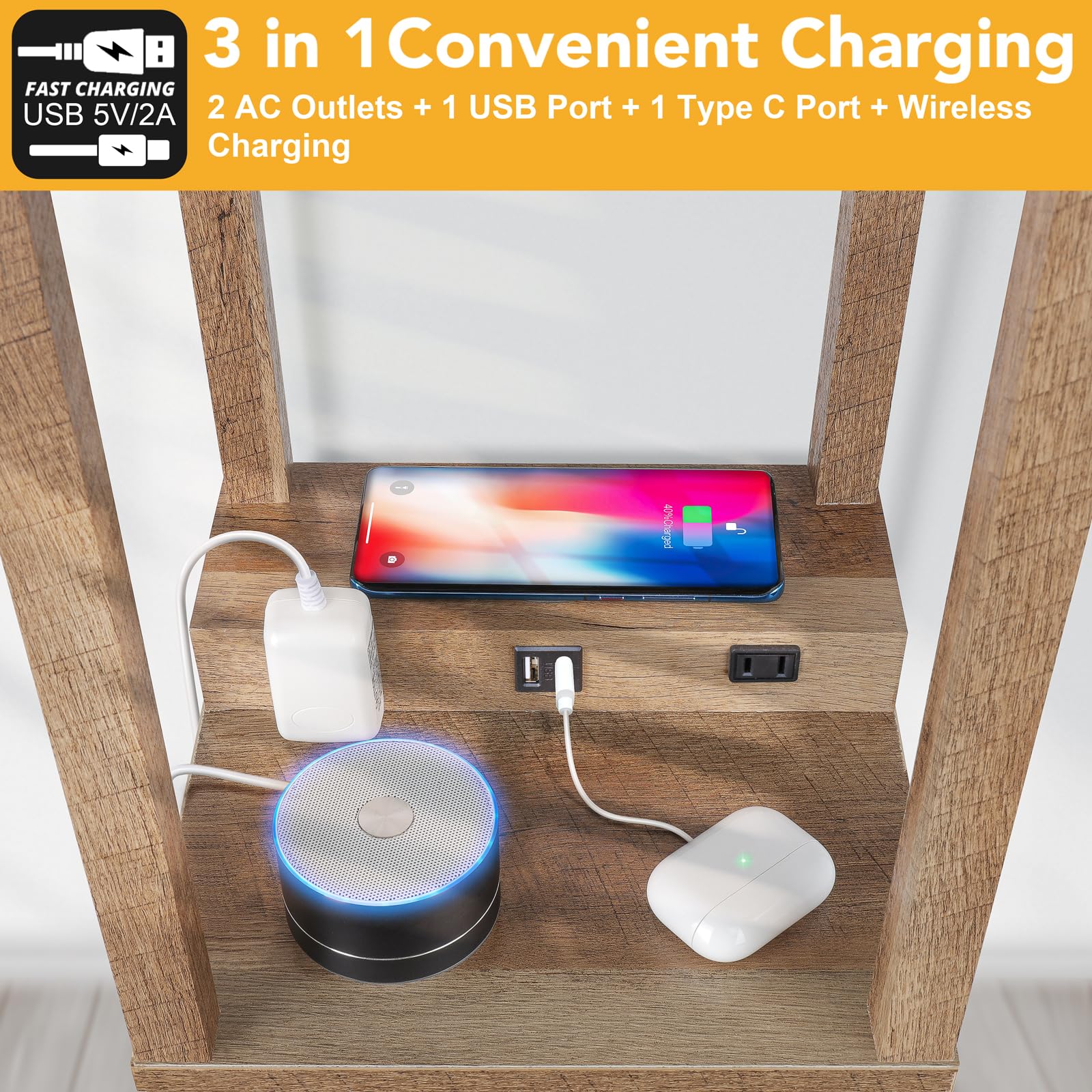 Mlambert Modern Shelf Floor Lamp With Wireless Charger & Fast Charging Usb Ports & Type C Port & 2 Power Outlets,3 Tier Storage