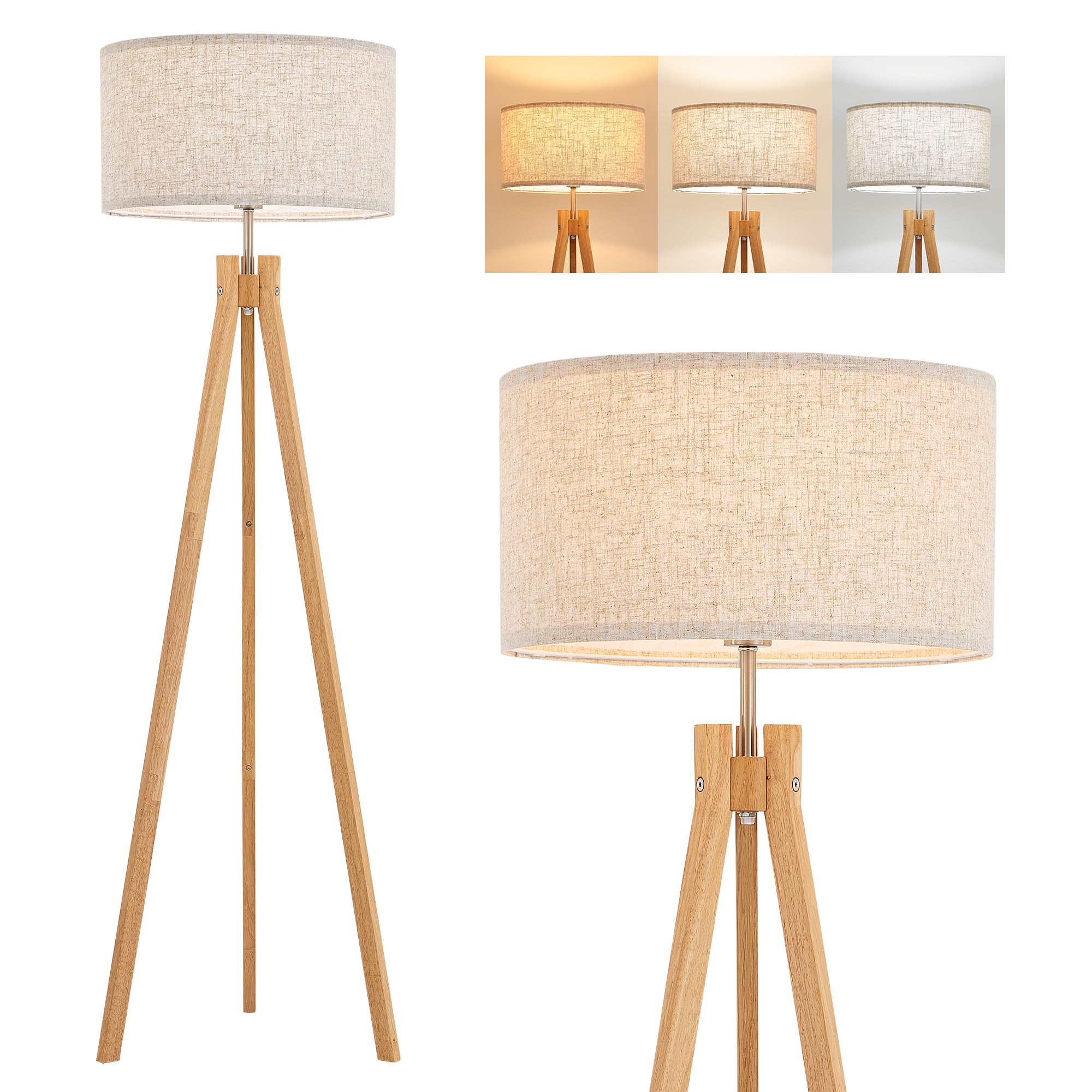 ELYONA Nordic Wood Tripod Floor Lamp, Modern Reading Standing Lamp for Living Room 3 Color Temperatures LED Bulb Included Flaxen