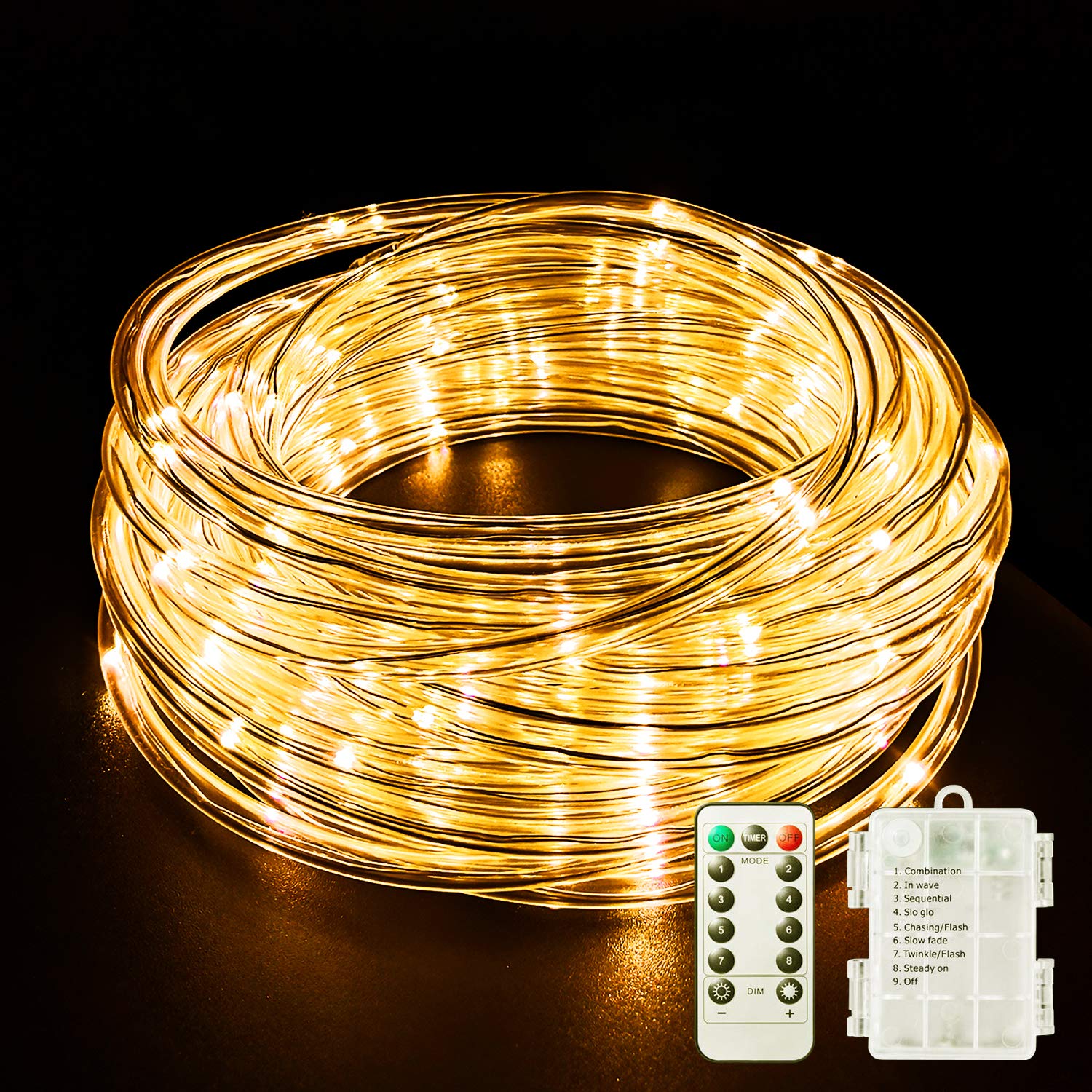Fitybow LED Rope Lights Battery Operated String Lights 40Ft 8 Modes Outdoor Decoration Lighting Fairy Lights Dimmable/Timer with
