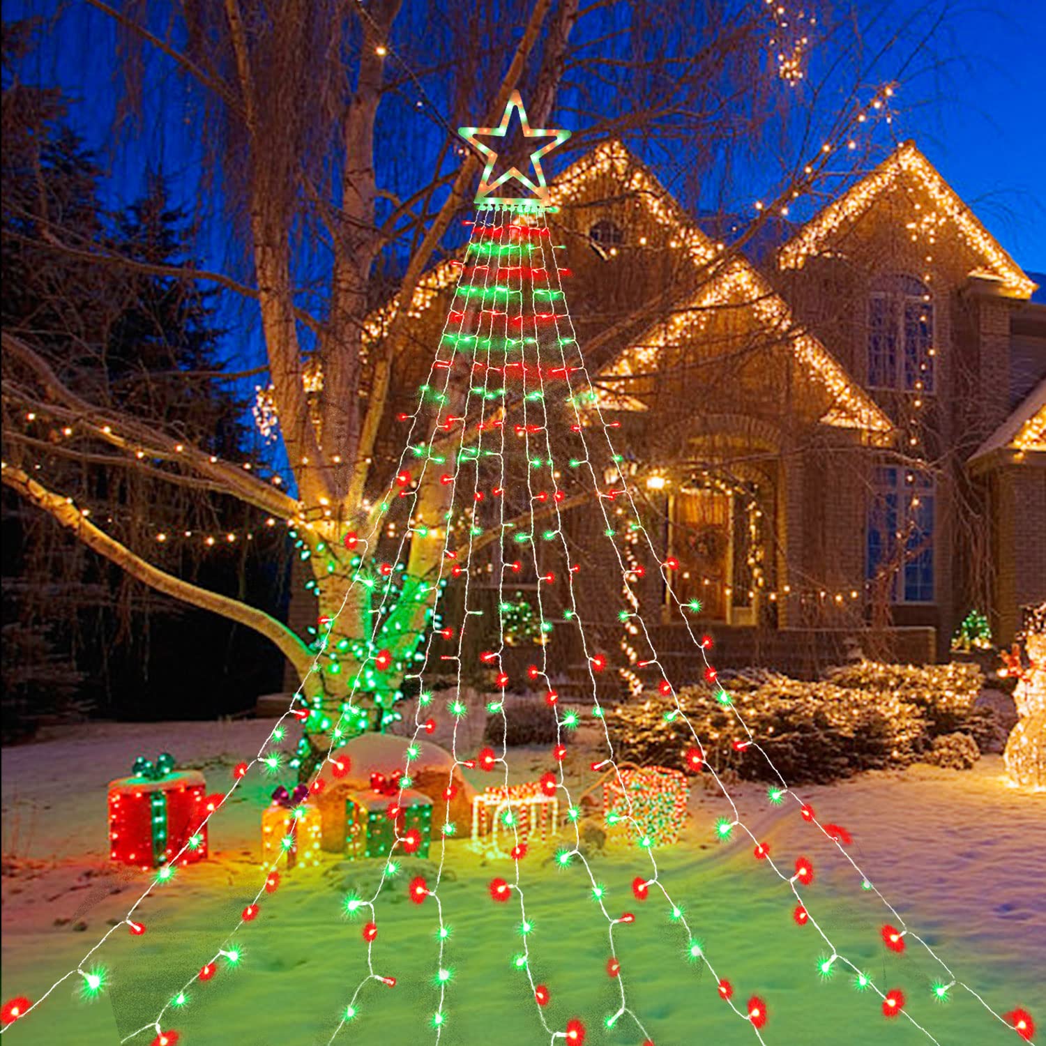 Funiao Christmas Decoration Lights, 320 Led Star String Lights Tree Topper Lights With 12&quot; Star For Yard, Garden, New Year, Wedding, Party - Red&Green