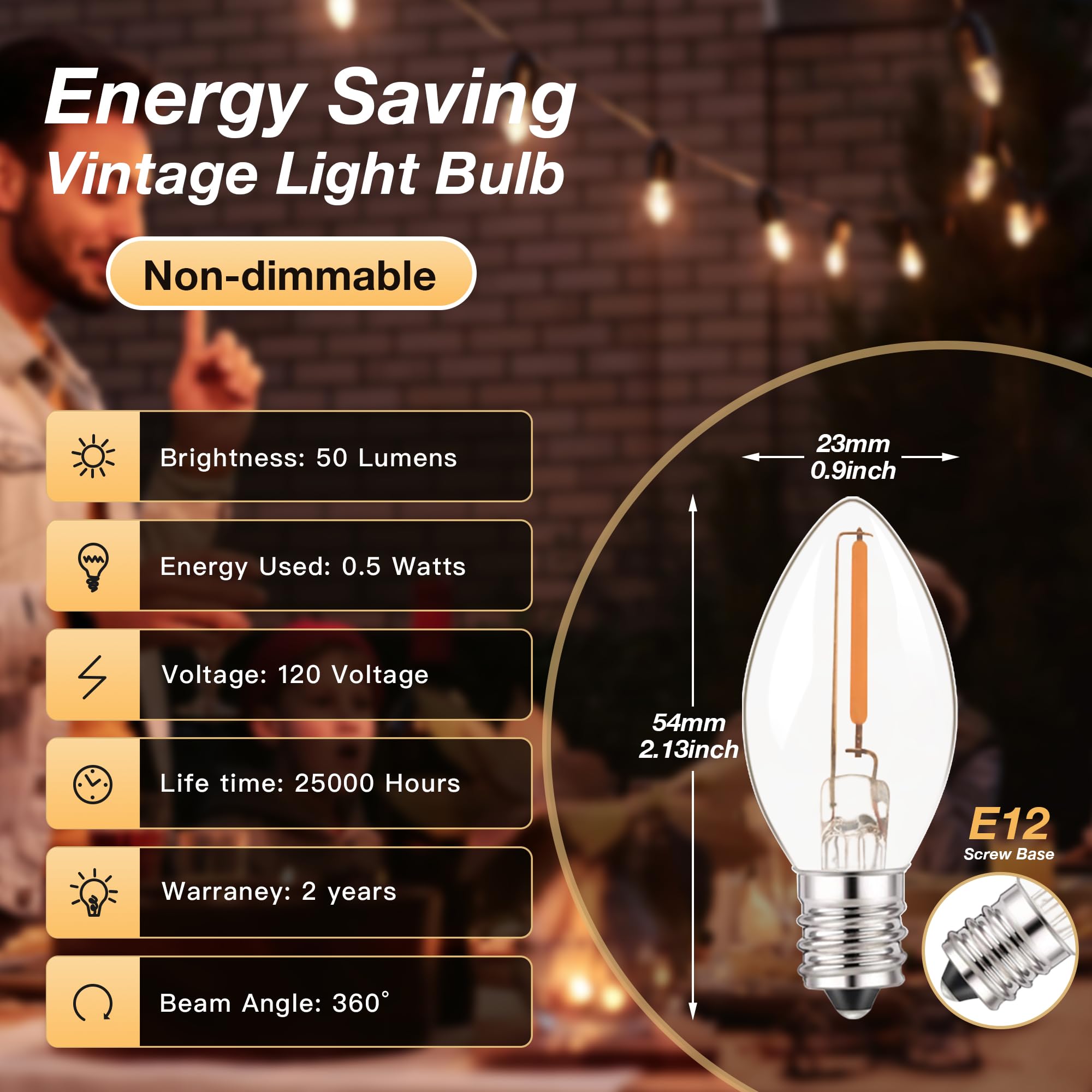 C7 Led E12 Candelabra Bulb Small Edison Candle Night Light Bulbs Salt Lamp Bulbs 0.5W Equivalent 5W 7W Warm White 2700K Clear Bu