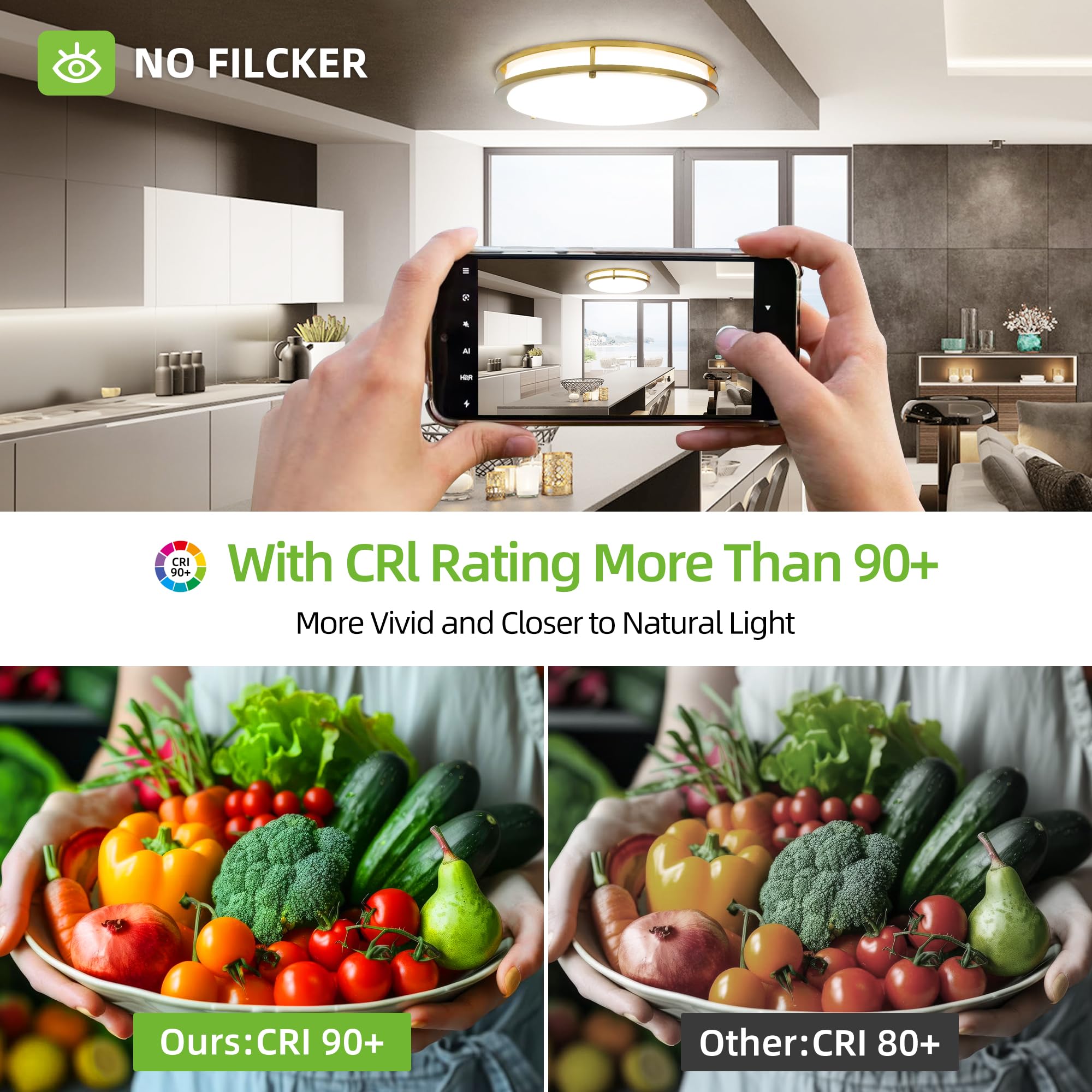 Hykolity 16 Inch Dimmable Led Flush Mount Ceiling Light Fixture, Gold, 36W, 2200Lm, 2.7/3/3.5/4K/5K Adjustbale, 120?Light Angle,