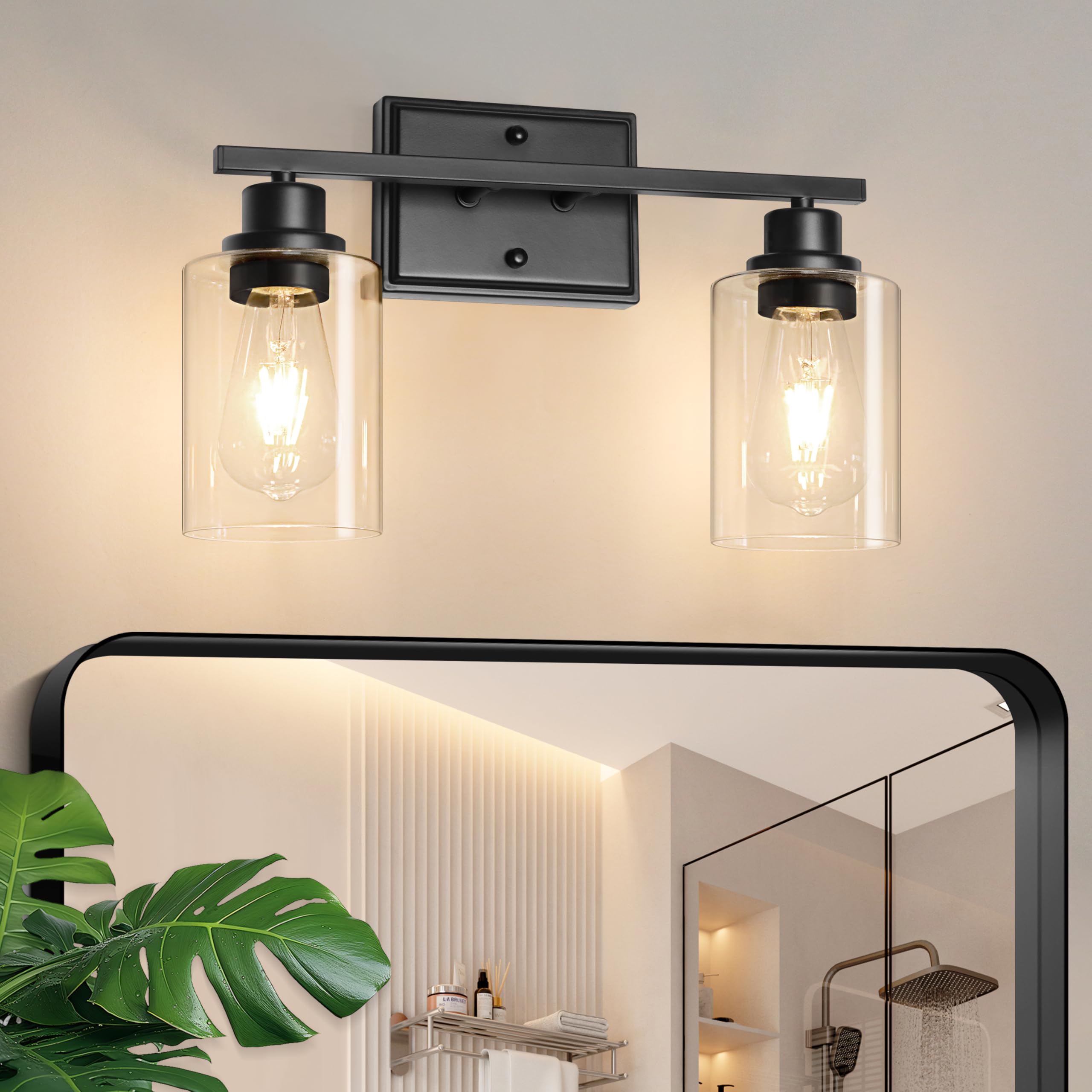 Unicozin 2 Light Bathroom Light Fixtures  Modern Vanity Lights Over Mirror  Black Wall Lamp with Clear Glass for Living Room Cabinet Bedroom Porch