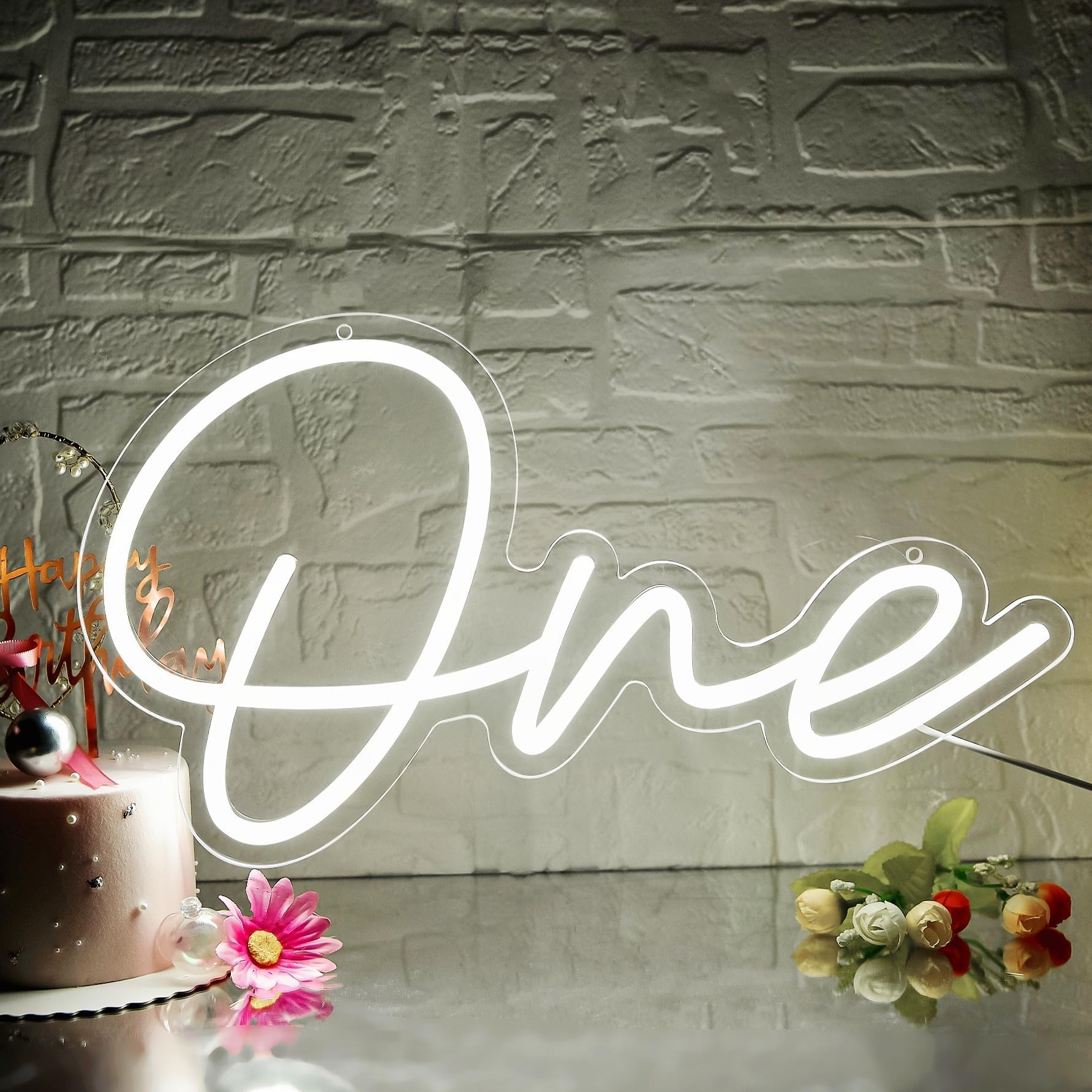 attneon One LED Neon Sign for Wall Decor, 16.1x9.1 Inch, White Acrylic, First Birthday, Wedding, Baby Shower