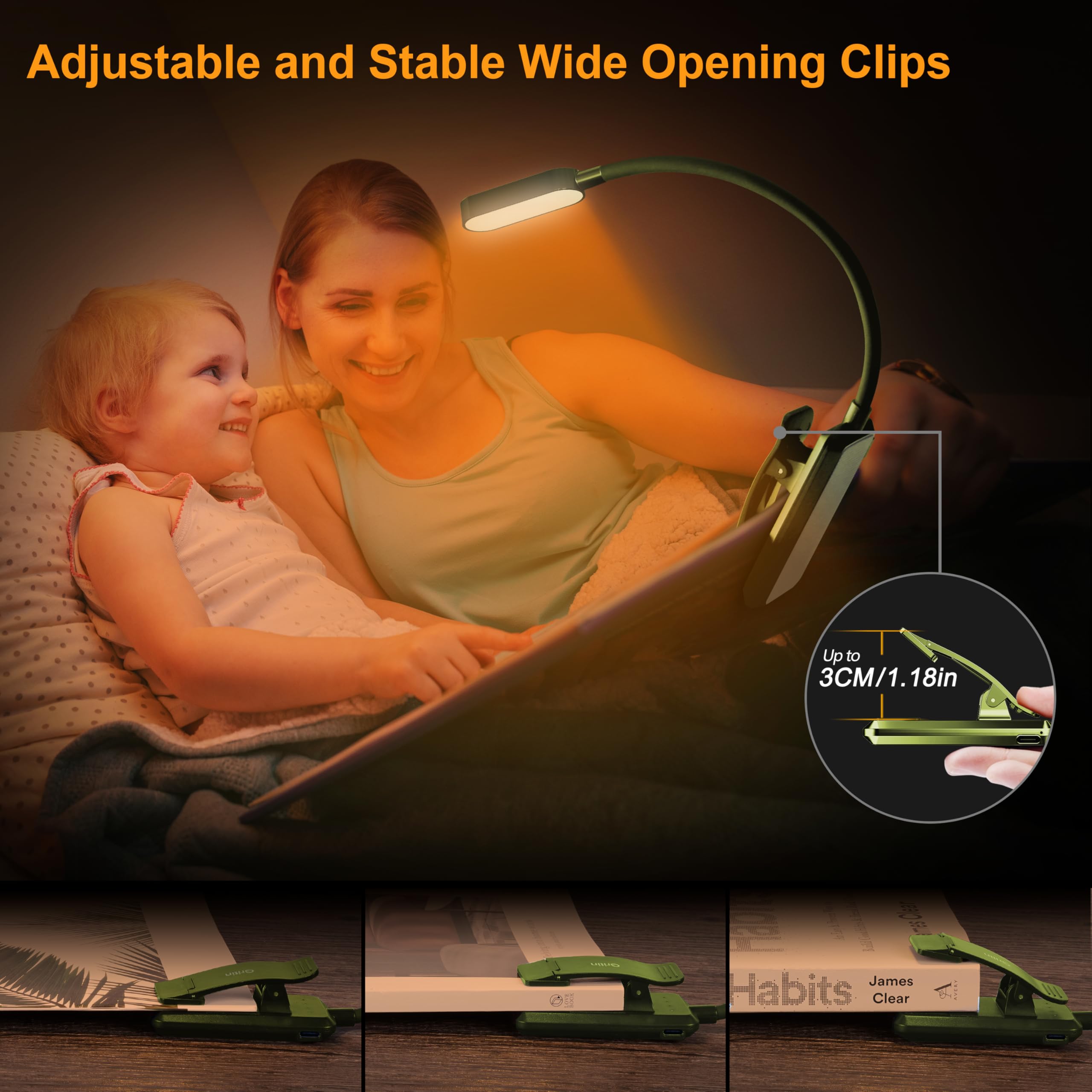 Gritin Rechargeable Book Light - 16 LEDs, 3 Color Temperatures, Stepless Dimming, Dark Green, Model GM1331