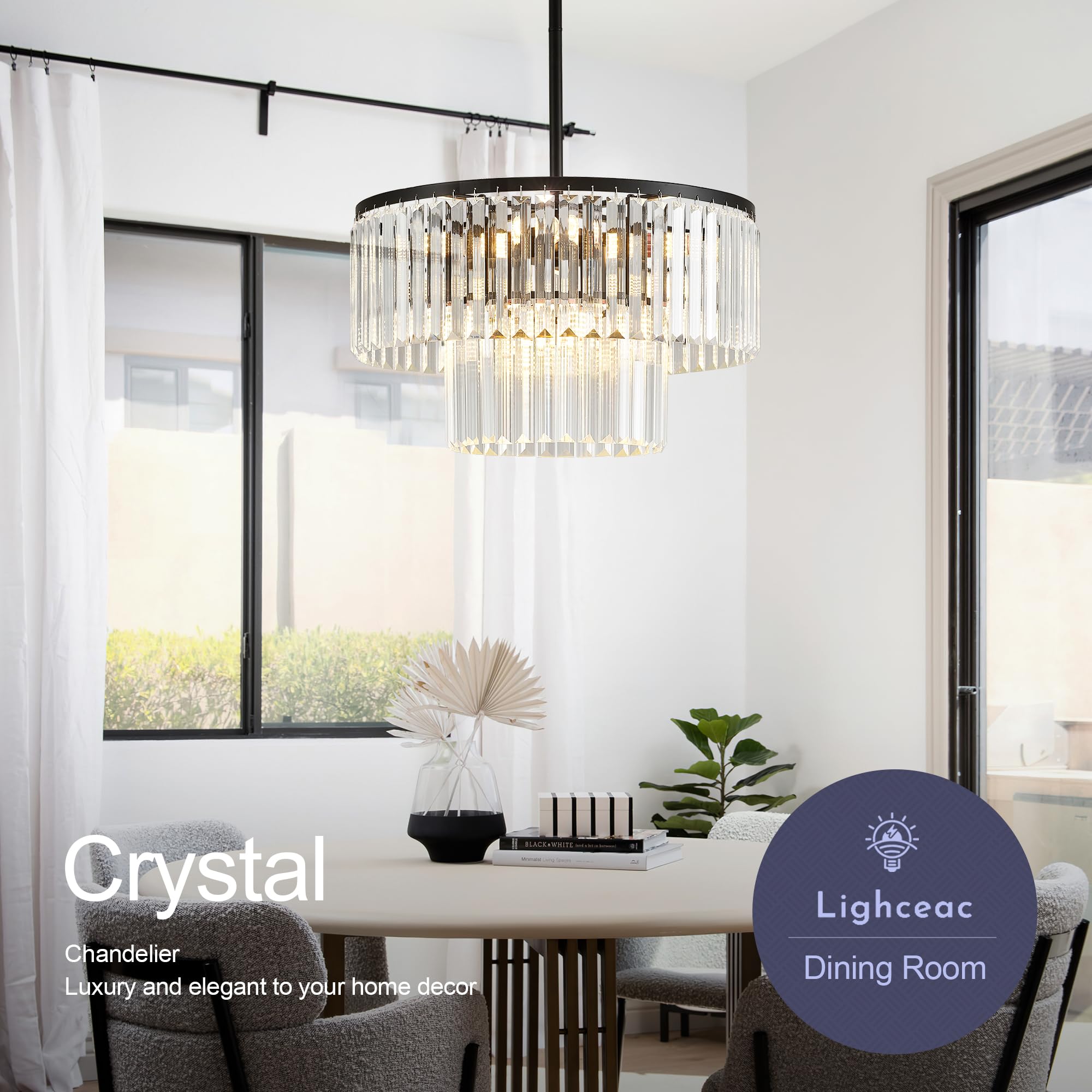 Lighceac 17.7 Black Semi Flush Mount 2-Tier Crystal Ceiling Light Fixtures For Dining Room Modern stylish 8-Light Chandeliers Lighting For Bedroom Entryway Hallway Kitchen Island Living Room Foyer
