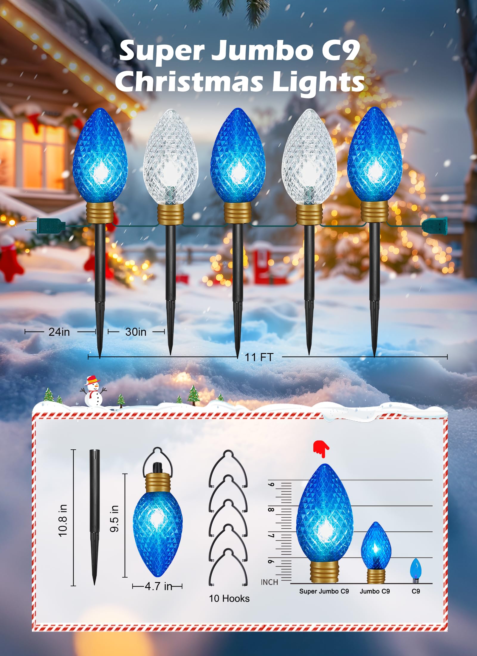 Moonflor Strawberry Super Jumbo Christmas Lights Outdoor - 11Ft 5 Led Jumbo C9 Christmas Pathway Lights,Hanging String Lights,Ch