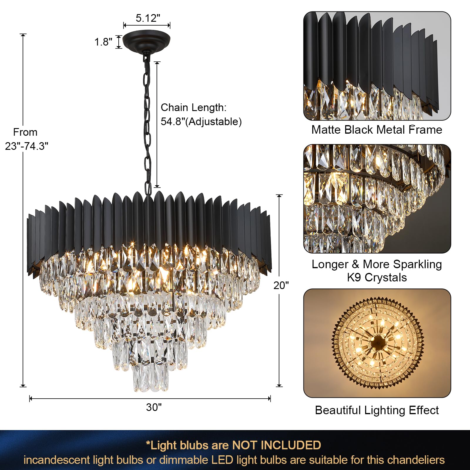 A AXILIXI 30” Black Crystal Chandelier Light Fixture, 6 Tiers Round Pendant for Foyer, Living Room, Staircase - Model DH88511BK-750