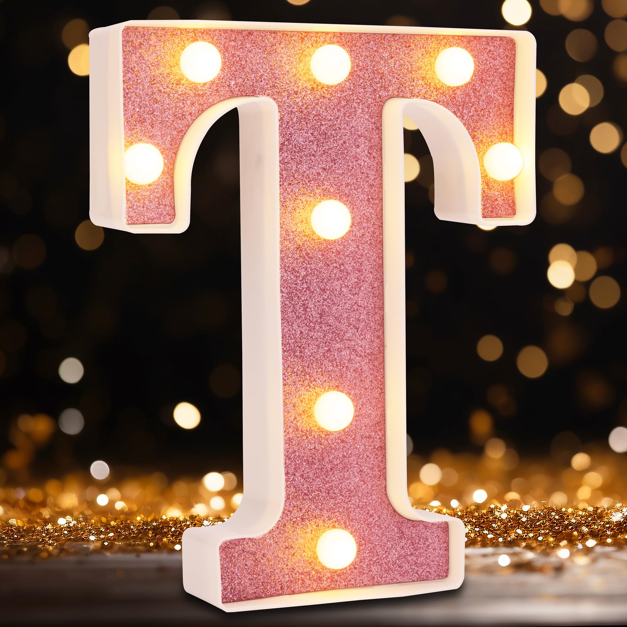 DyingSwan Small LED Marquee Letter T Light Up Sign, 8.58 Inch, Pink Glitter, Battery Powered for Party and Decor