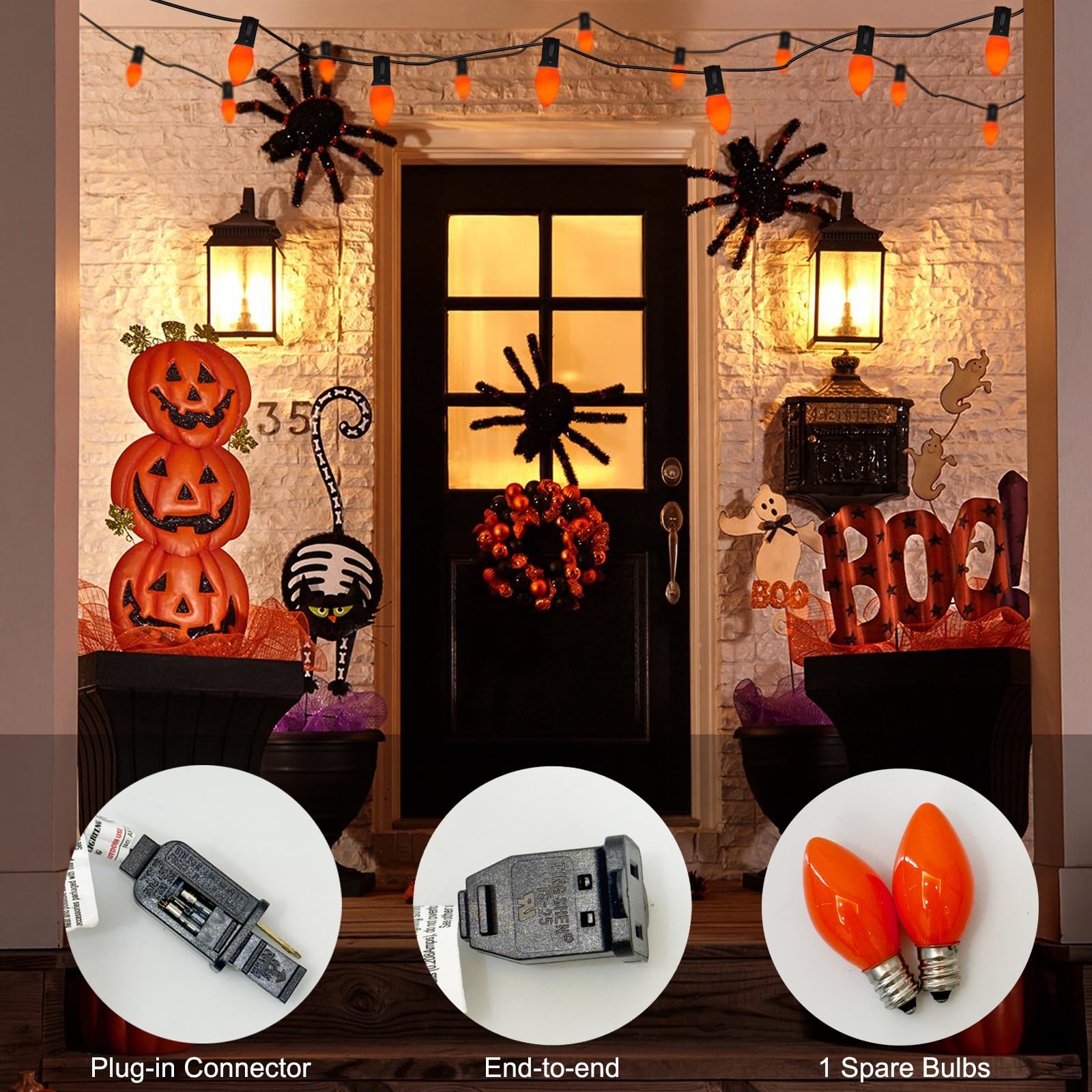 C7 Halloween Orange String Lights 25Ft Outdoor String Lights With 27 5W Orange Glass Bulbs(2 Spare), Halloween Connectable String Lights For Patio Garden Roofline Backyard Decorations, Black Wire
