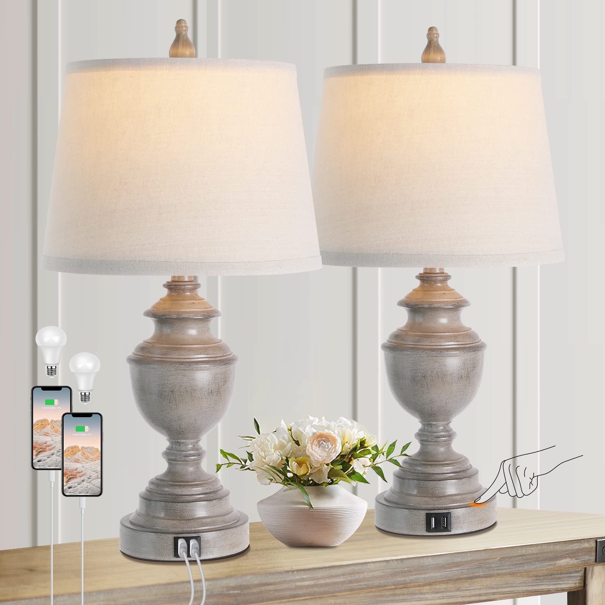 Vpazg Gray Table Lamps Set Of 2 With Usb, Vintage Touch Control, Dimmable, Bulbs Included