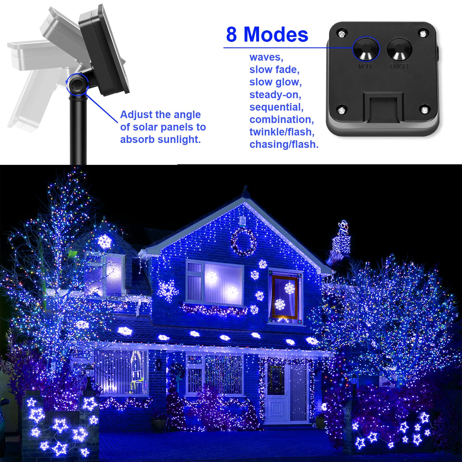 Yaozhou Solar Christmas String Lights Blue Outdoor Waterproof 100 Led(2 Pack) 8 Modes Copper String Lights Fairy Lights For Valentine'S Day Garden, Patio, Fence, Balcony, Outdoors(Blue 2Pcs