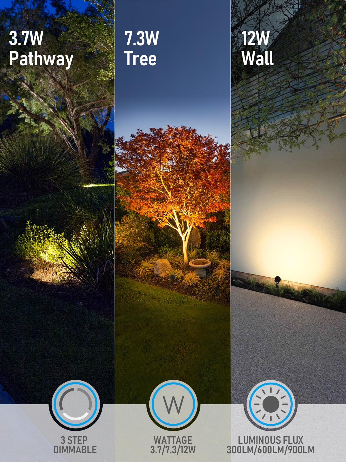 LEONLITE Dimmable 12W LED Landscape Lights, 3CCT Selectable, 12V, IP65 Waterproof, Pack of 4, Model 91846