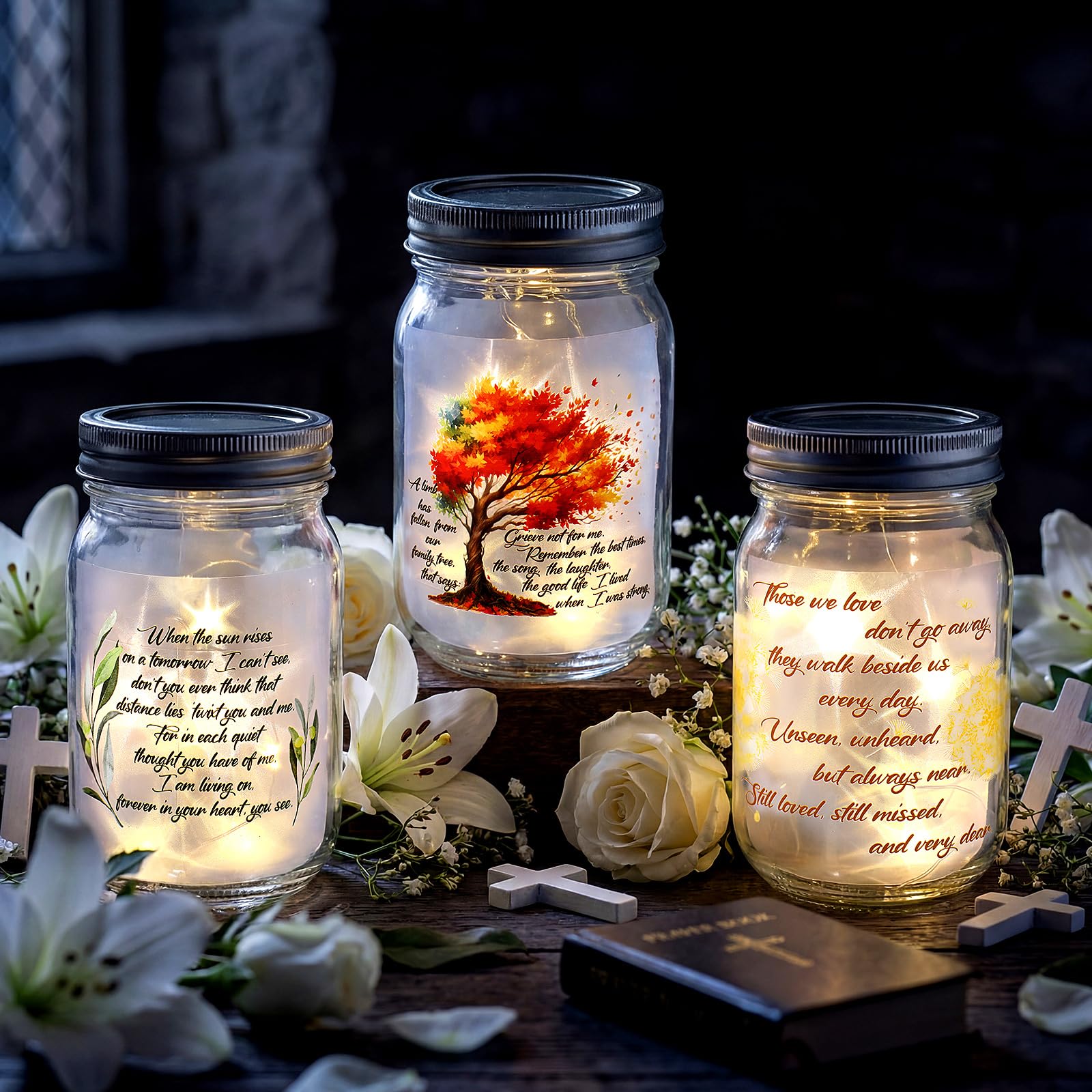VIHOSE 3 Pack Condolences Gift for Loss Mason Jar Light for Loss of Loved One, Bereavement Mason Jar Night Light Bereavement Sym