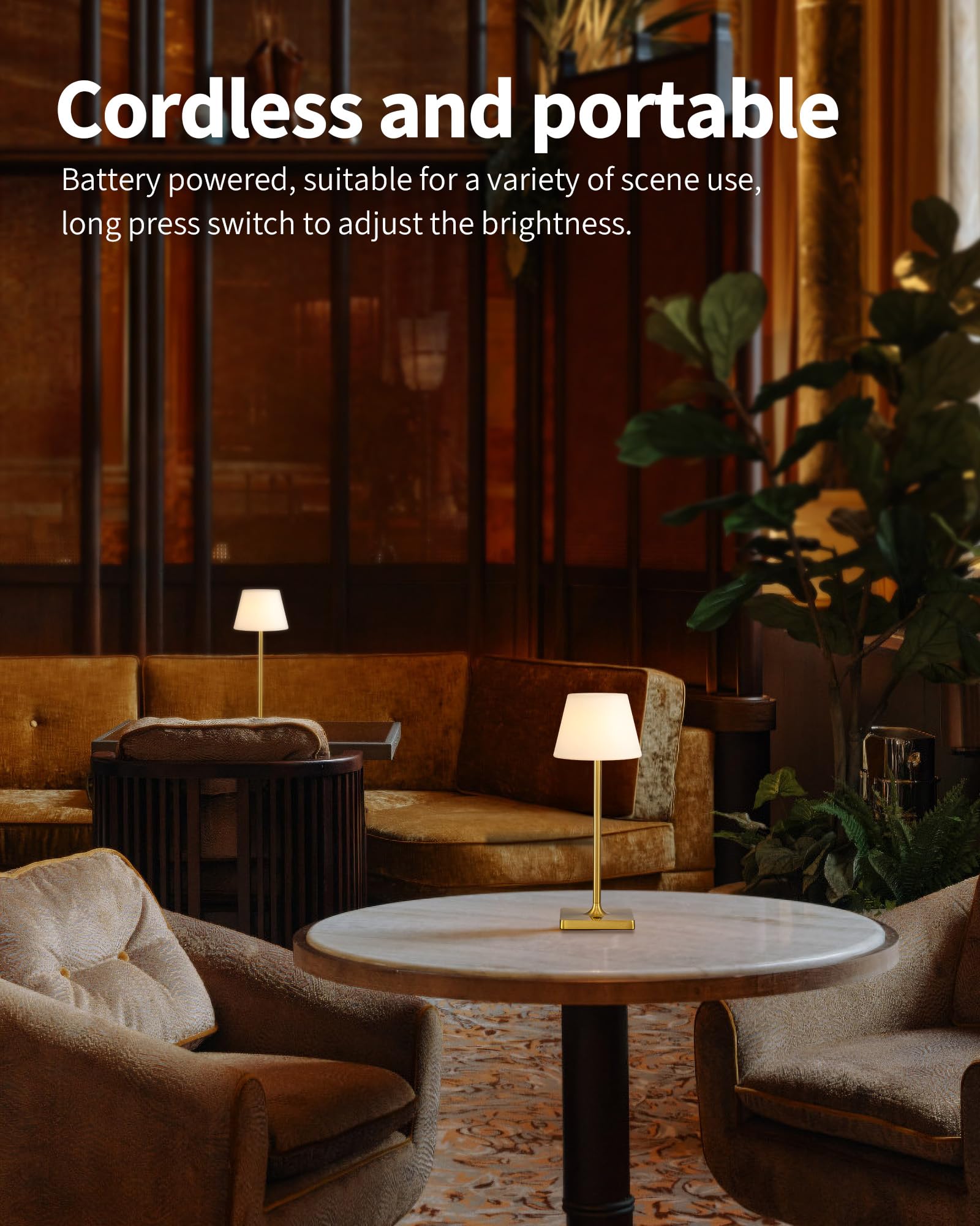 NEWSEE LED Cordless Table Lamp, Rechargeable Dimmable Light, 14.5in, Gold + White PE Plastic, Model AMZ-TBL-007