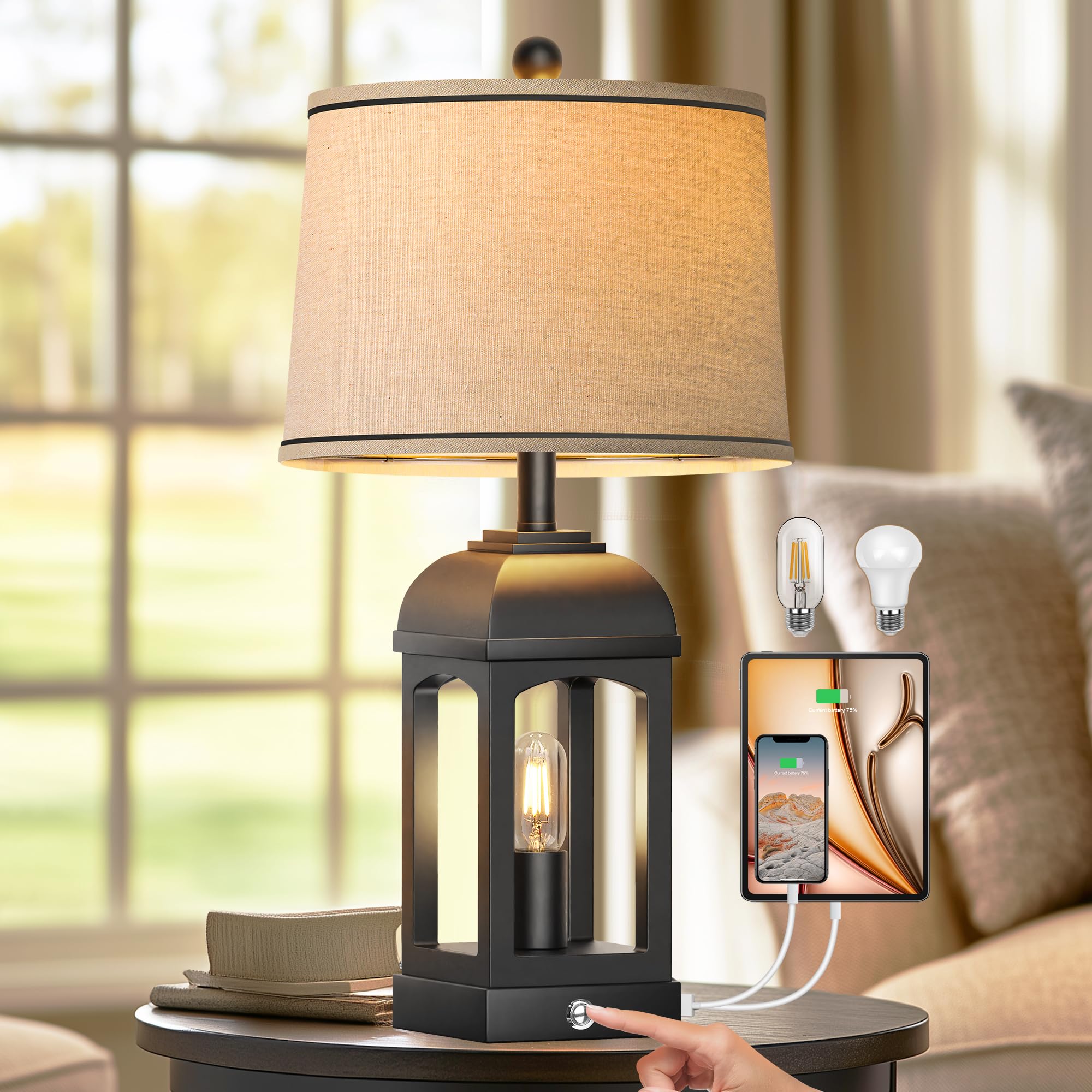 QiMH Table Lamp for Living Room, Farmhouse Lamps with USB A+C and Nightlight, 26'' Rustic Bedside Lamps with 3-Way Dimmable Touc