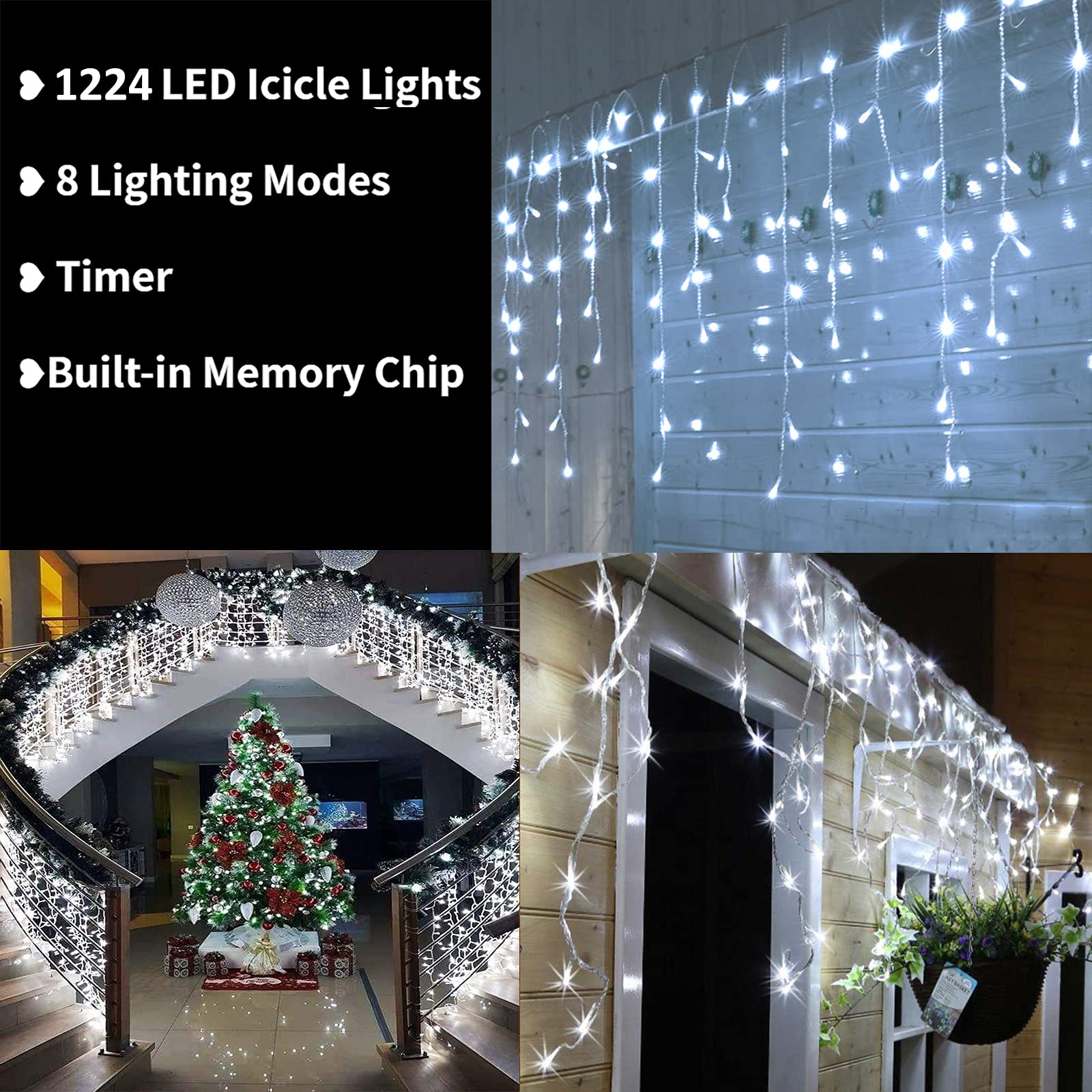 Toodour Icicle Christmas Lights Outdoor, 100Ft 1224 Led Icicle Lights With 204 Drops, 8 Modes Window Curtain Icicle Fairy Twinkl