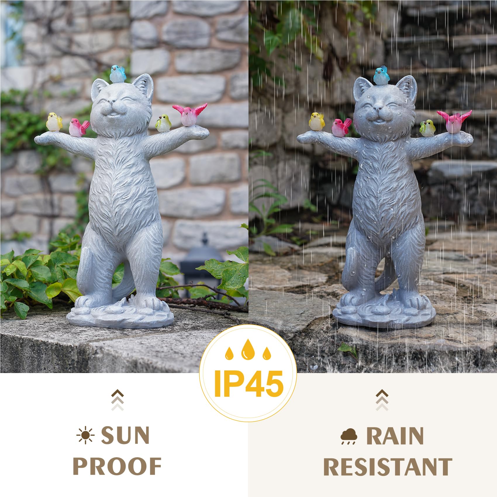 Mininova Solar Outdoor Decorations Garden Statue Cat Figurines With Birds For Yard Patio Balcony Lawn Outside Ornaments Gifts Fo
