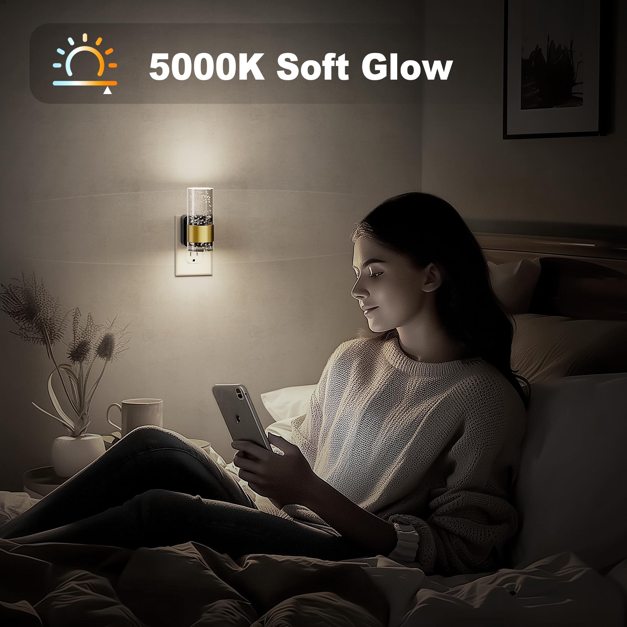 JandCase LED Night Light 2 Pack, Dimmable with Auto Light Sensor, 5000K Acrylic, Gold